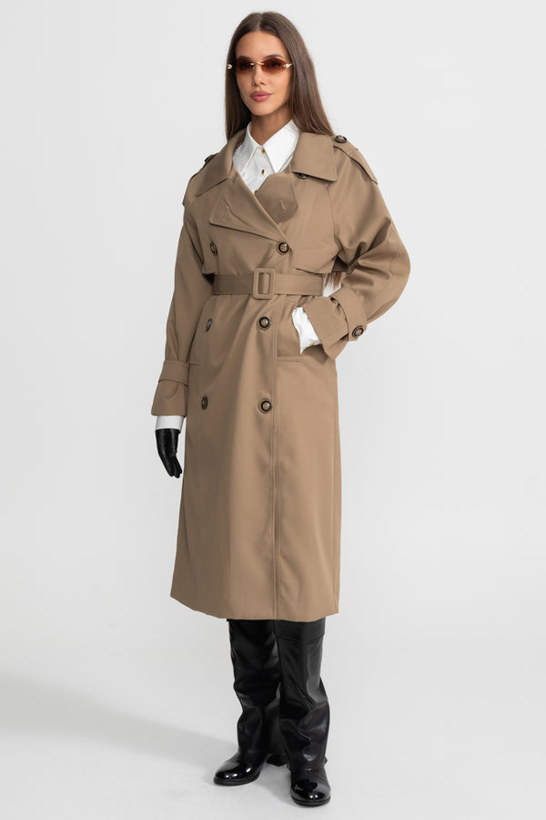Trench-coat mi-long croisé à double boutonnage avec taille ceinturée – Kaki 