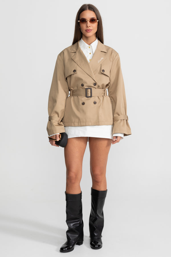 Veste Trench Cropped Croisée à Taille Ceinturée – Camel 