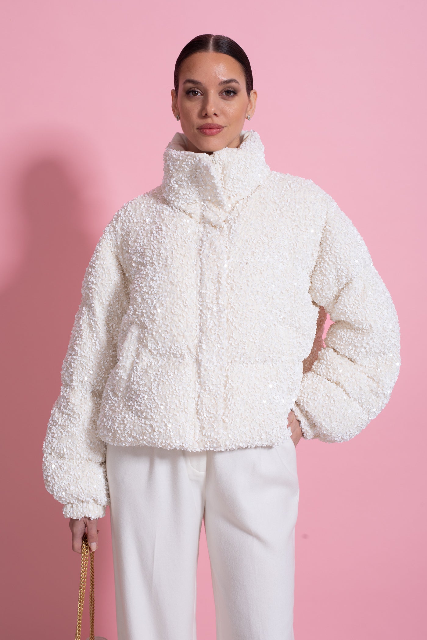 Sequin Puffer Jacket With High Stand Collar – White