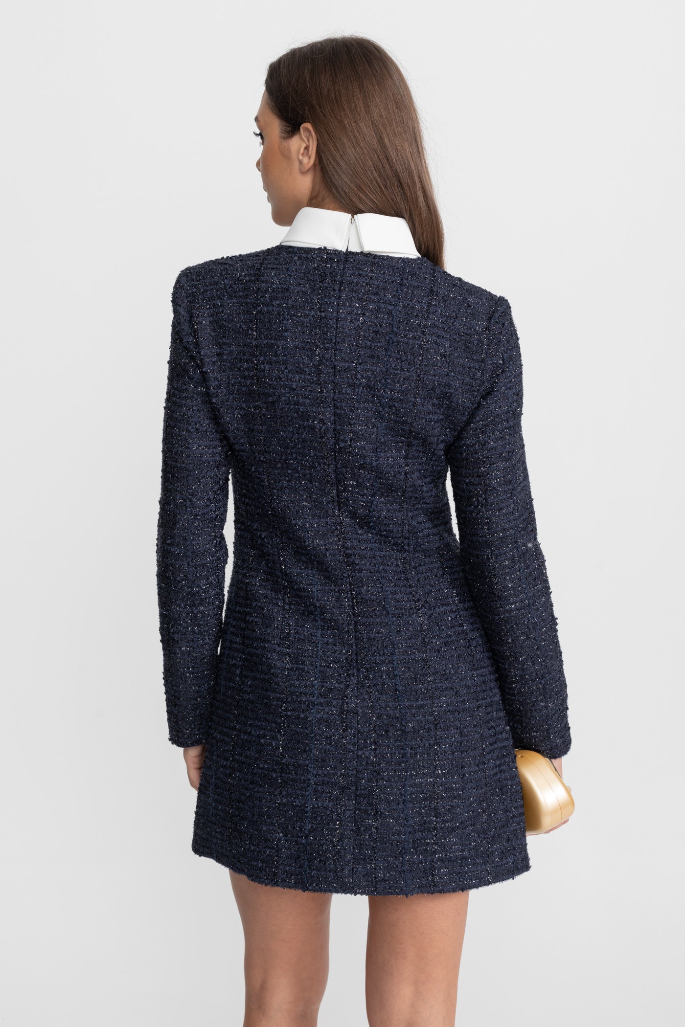 Robe Mini en Tweed Texturé avec Ornements de Boutons en Cristal – Navy 