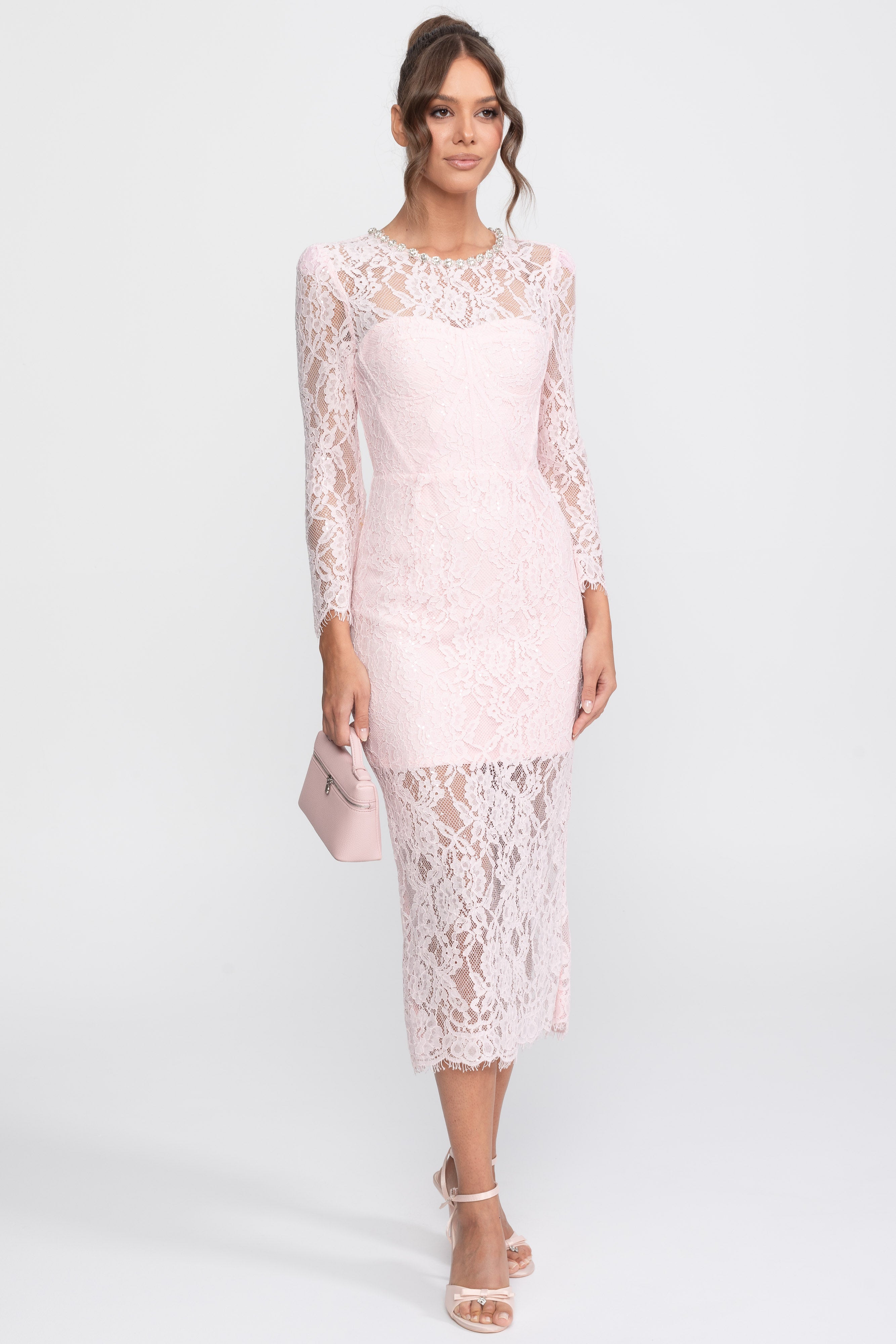Lace Trim Midi Dress With Crystal Neckline - Pink