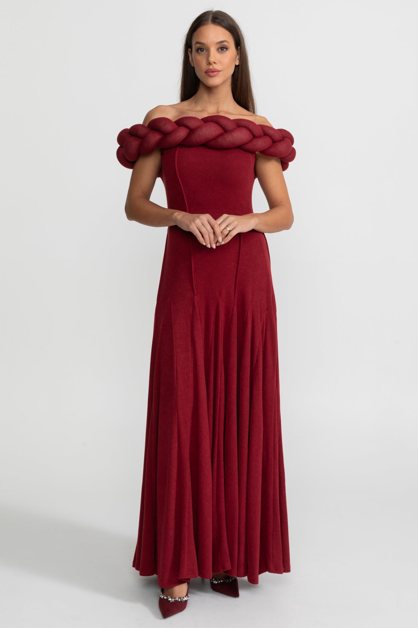Off-Shoulder Braided Neckline Maxi Dress – Deep Red