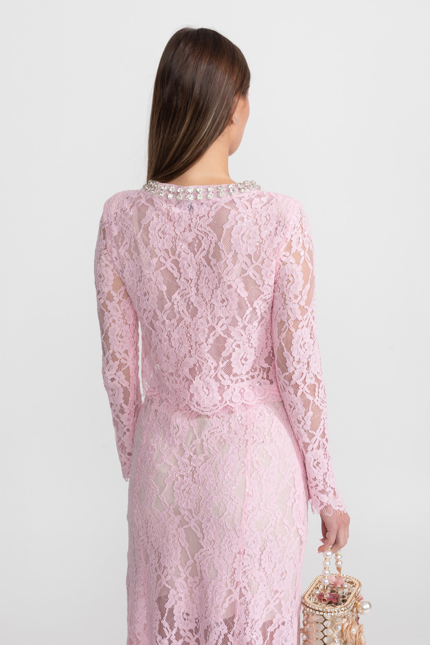 Ensemble coordonné en dentelle avec col orné et boutons - Rose 