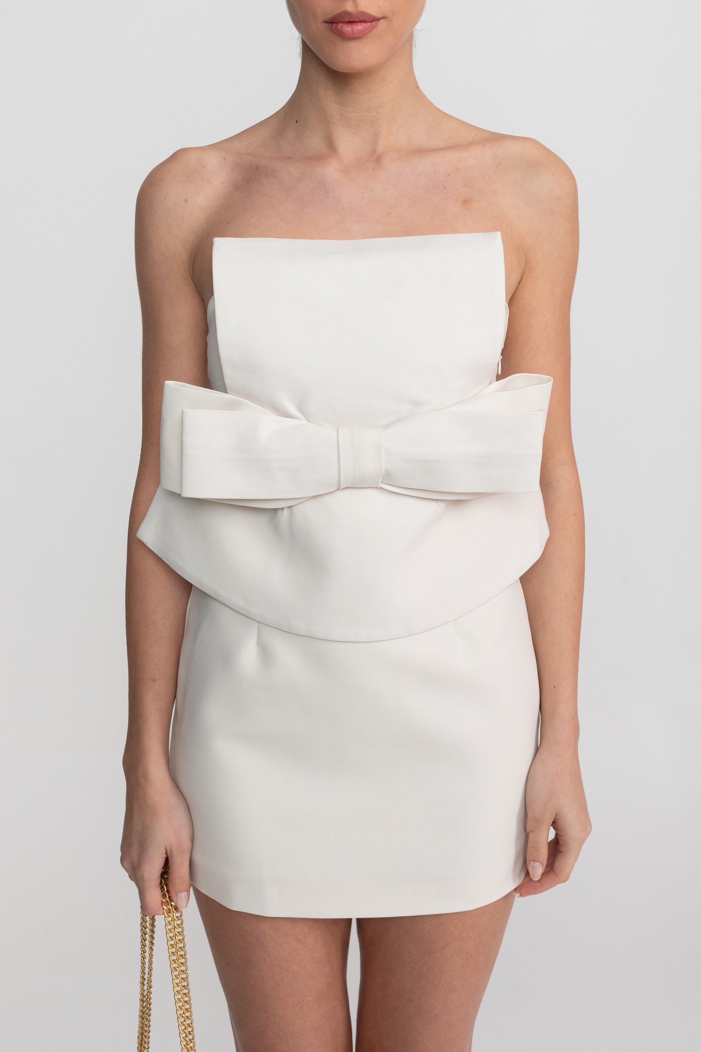 Robe Mini Bustier avec Nœud Oversize à la Taille et Surcouche Péplum - Blanc 
