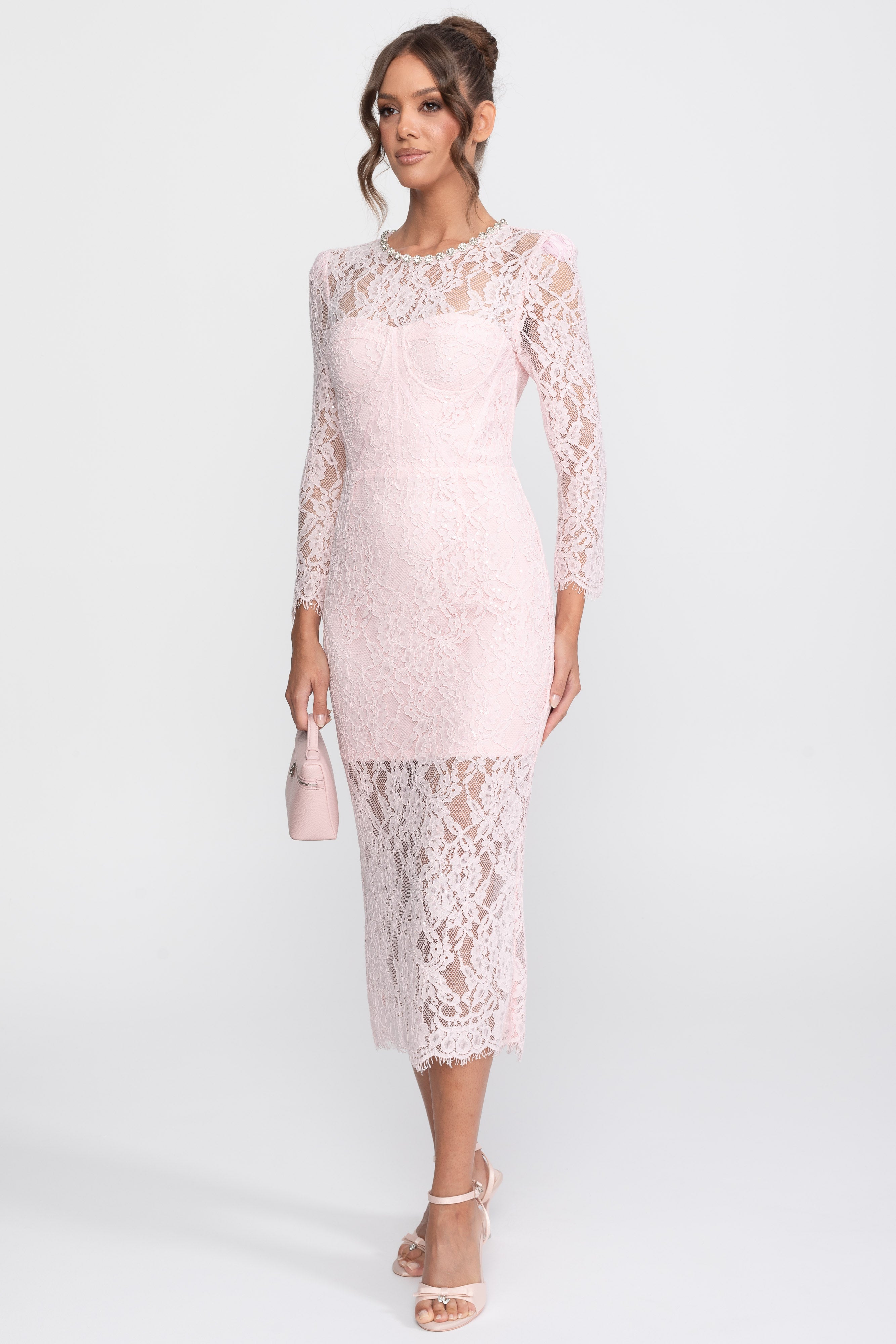 Lace Trim Midi Dress With Crystal Neckline - Pink