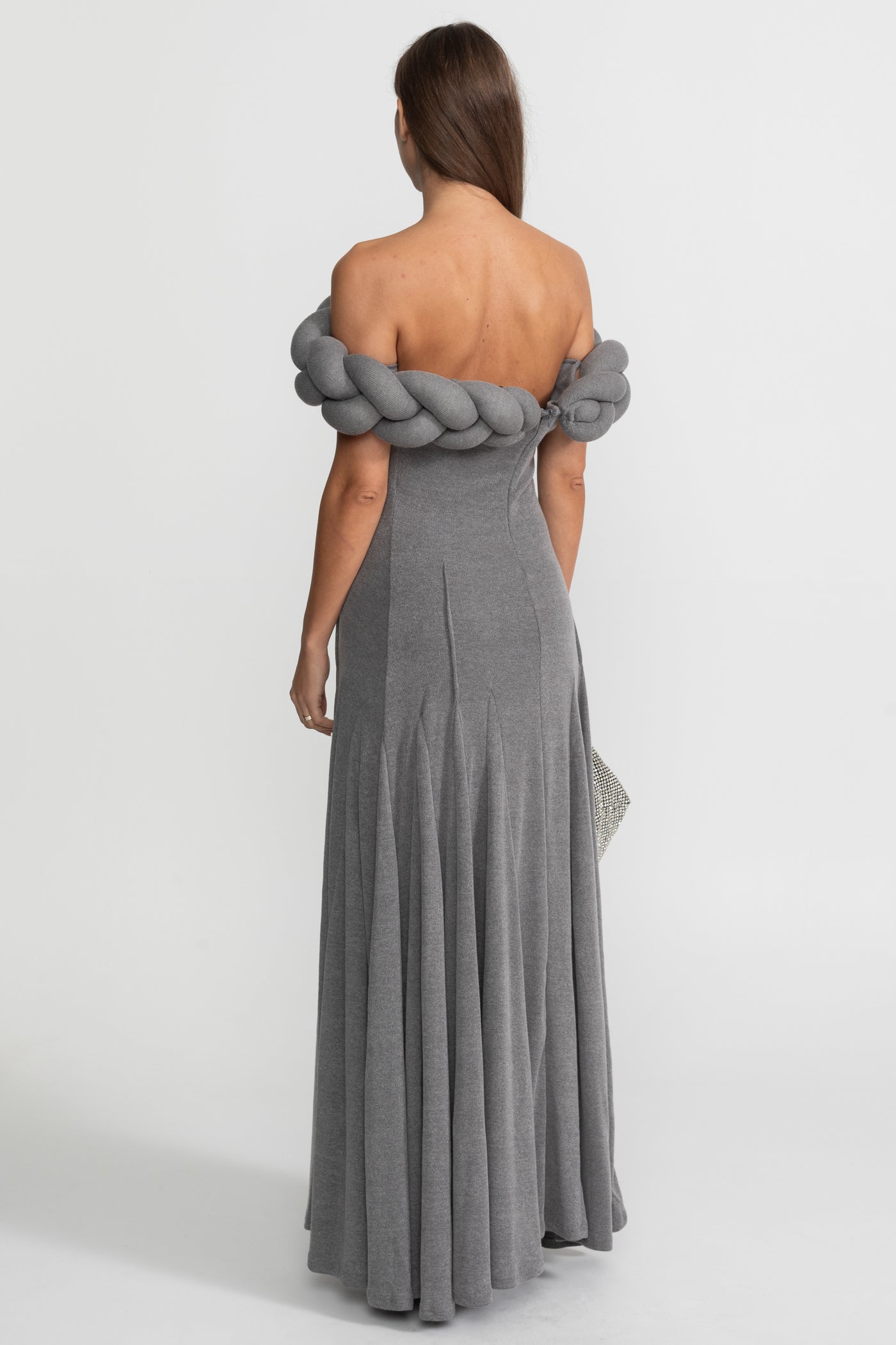 Off-Shoulder Braided Neckline Maxi Dress – Grey