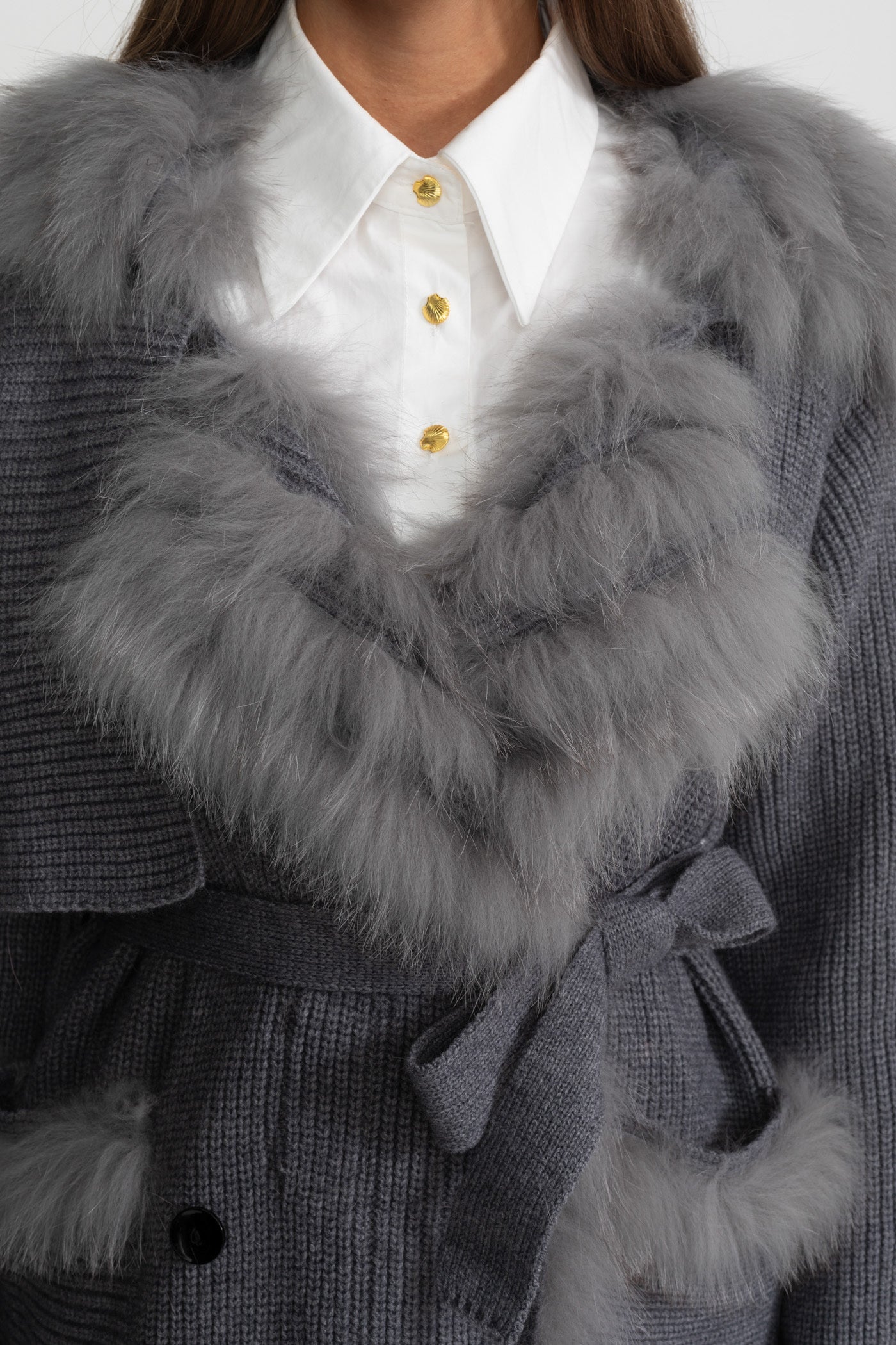 Double-Breasted Wool Knit Overcoat With Fur Trim – Grey