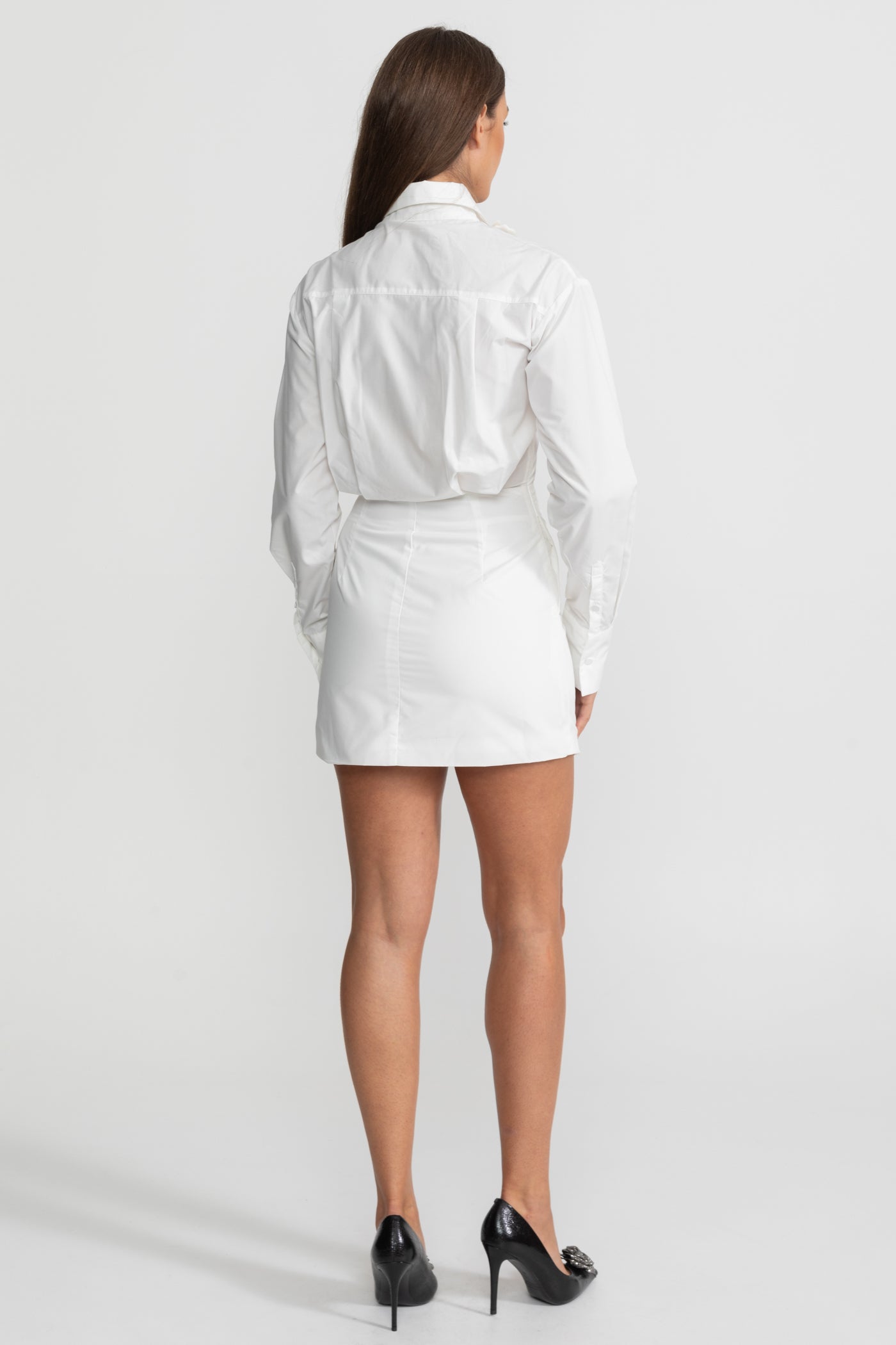 Robe Chemise Mini à Panneaux Transparants avec Appliqué Floral 3D – Blanc 