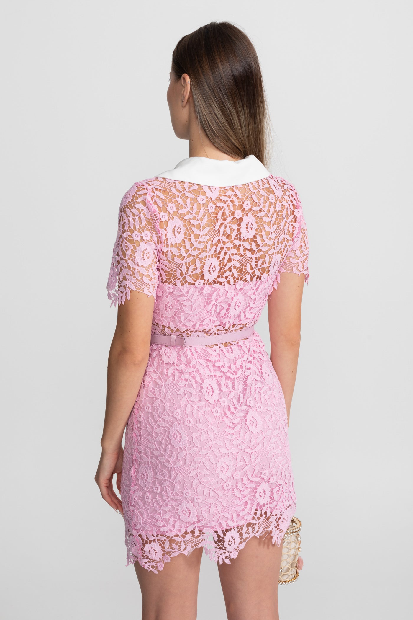 Lace Mini Dress with Contrast Collar and Jewel Buttons - Pink