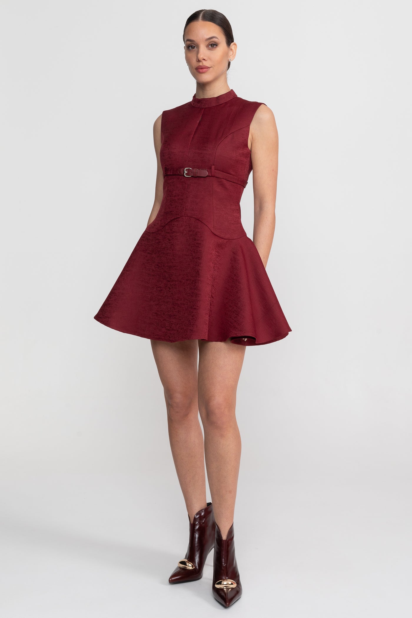 Sleeveless Mini Dress With High Neckline And Buckled Belted Waist - Burgundy