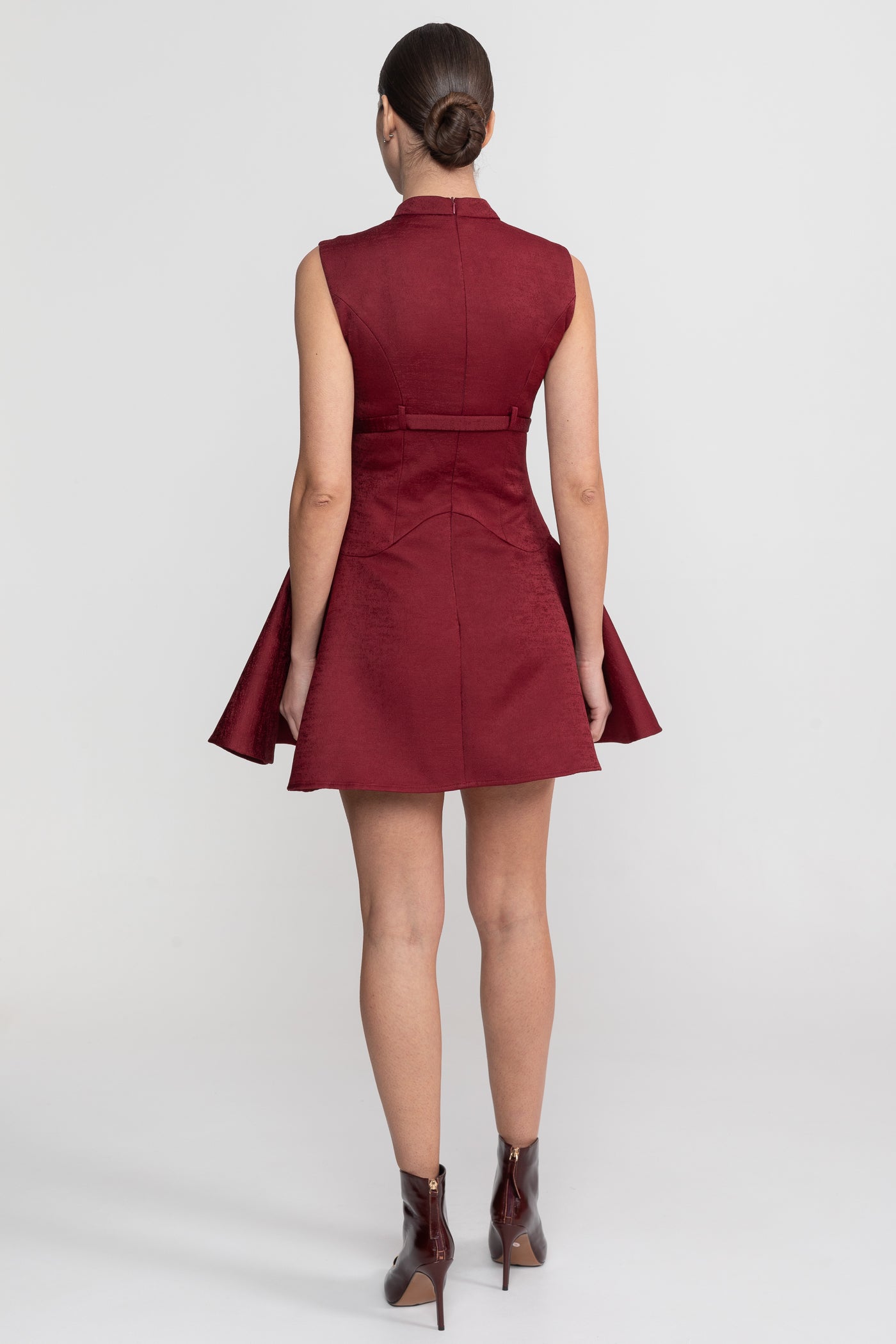 Sleeveless Mini Dress With High Neckline And Buckled Belted Waist - Burgundy