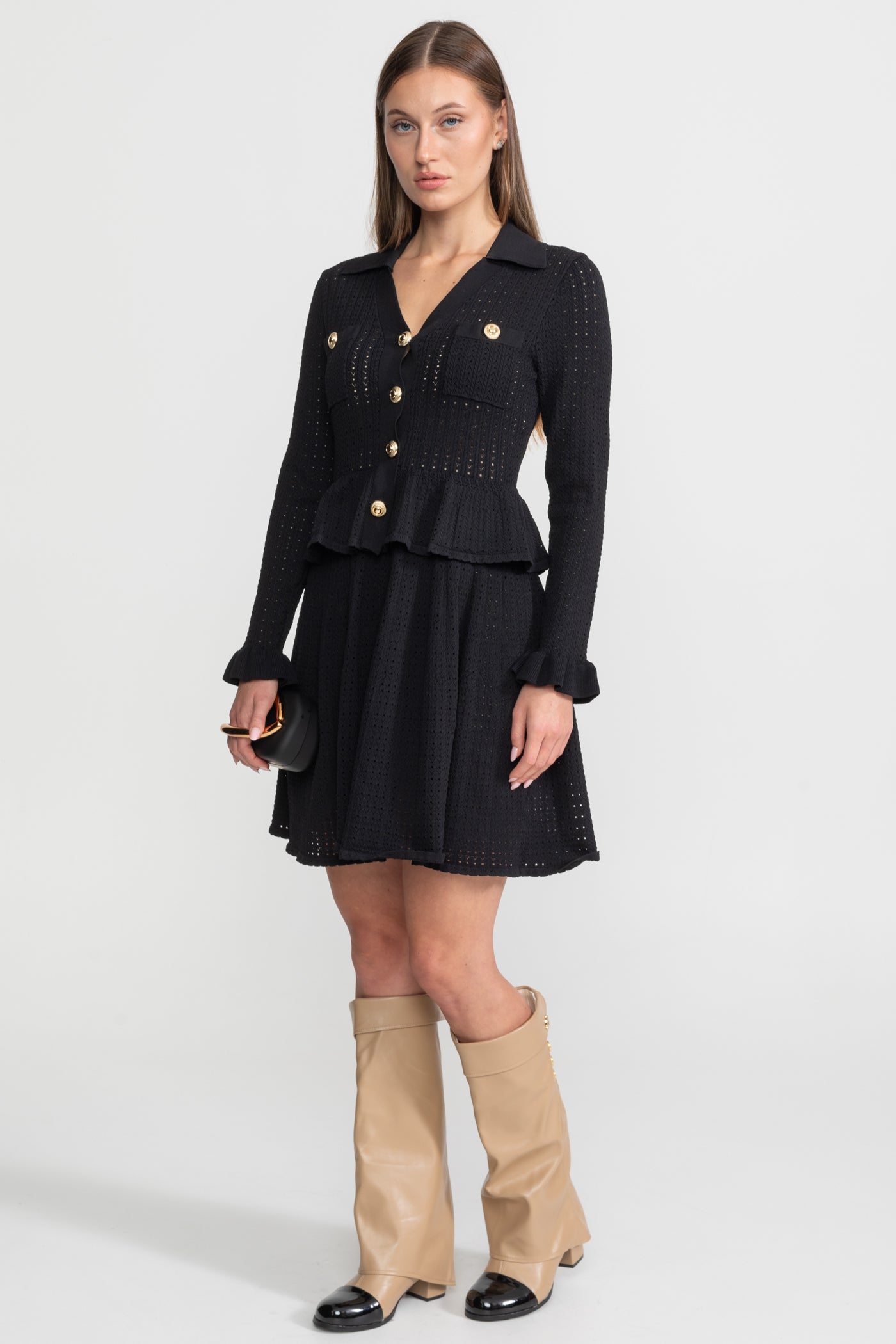 Knit Mini Dress with Peplum Waist and Gold Button Detail - Black
