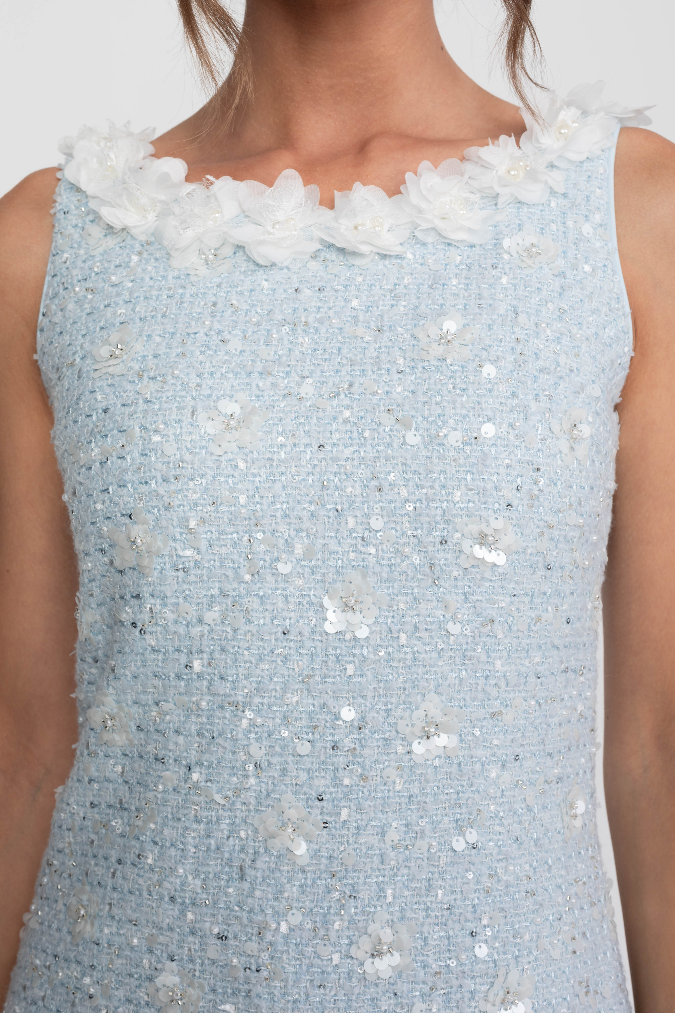 Robe mini en tricot côtelé avec col floral - Light Blue 