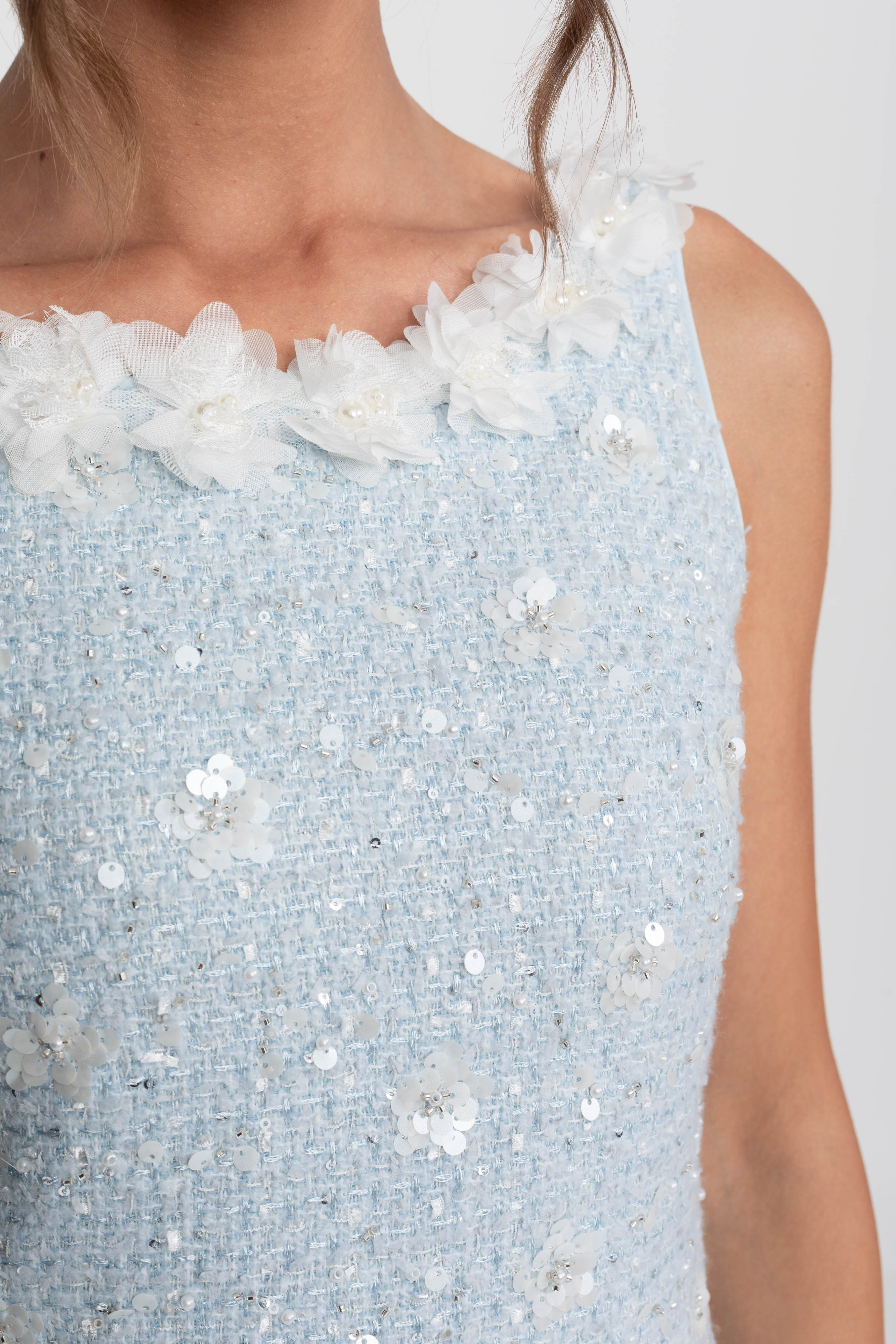 Robe mini en tricot côtelé avec col floral - Light Blue 
