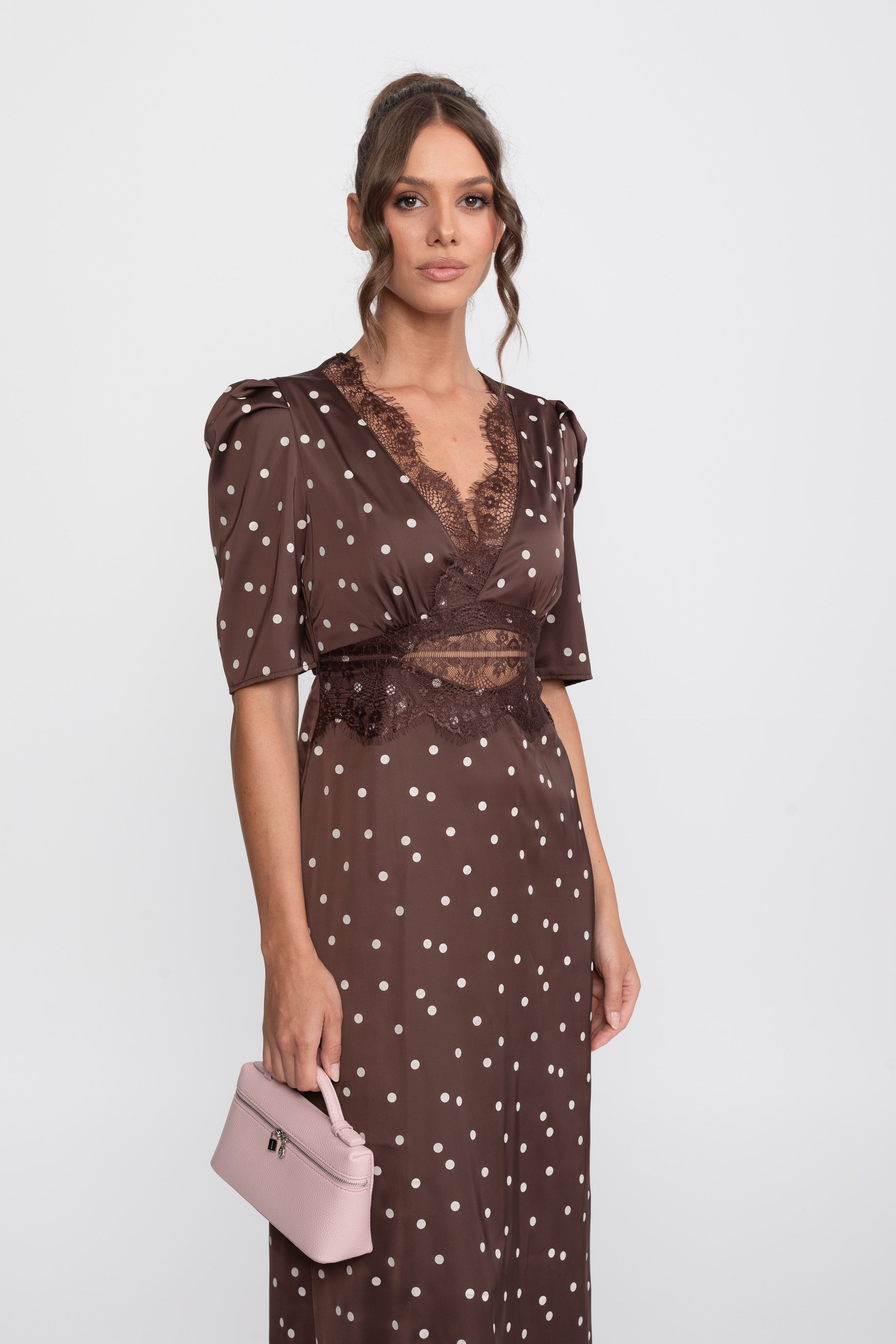 Lace-Trim Polka Dot Midi Dress With Puff Sleeves - Brown