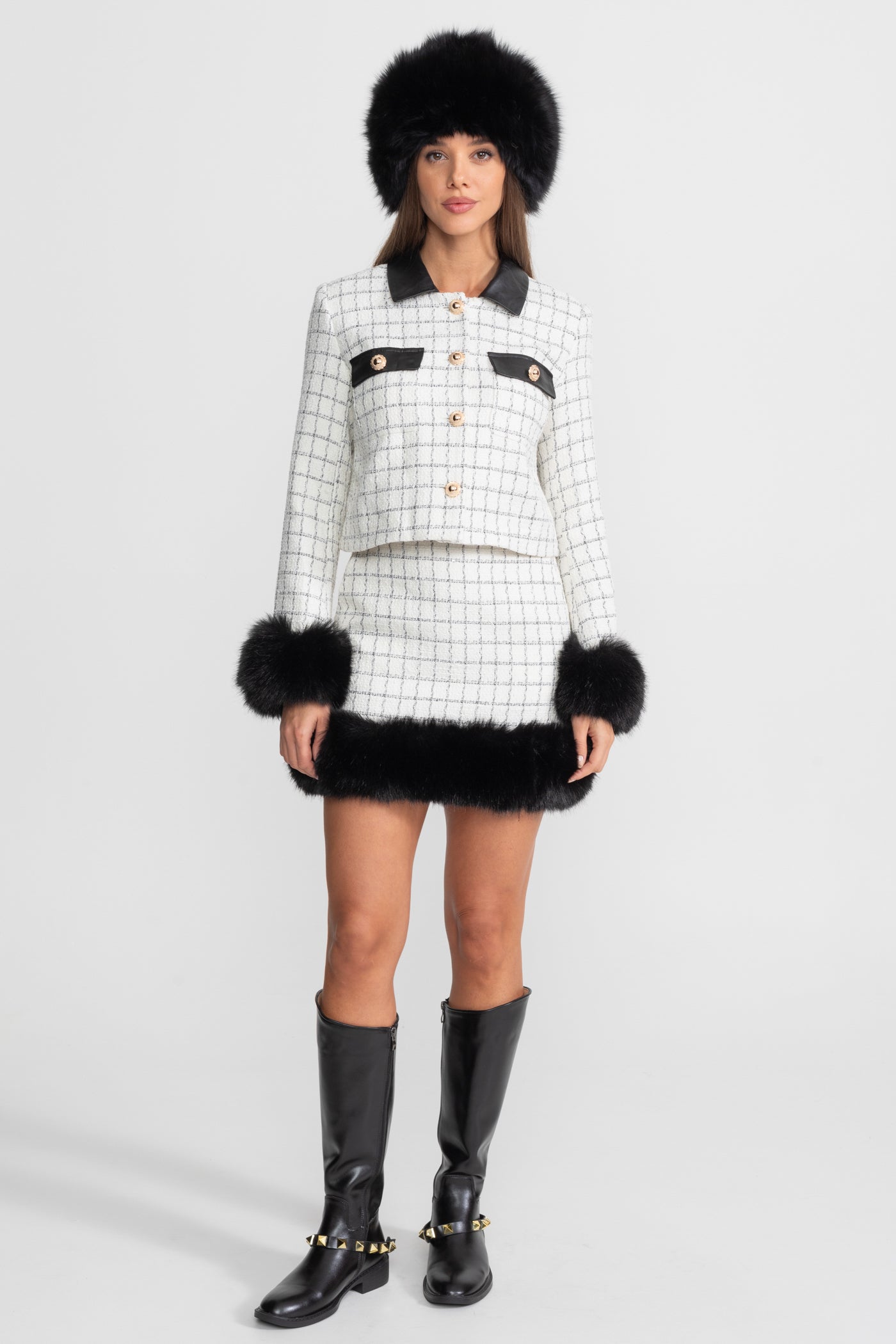Tweed Co-Ord Set With Faux Fur Trim And Contrast Leather Details – White And Black