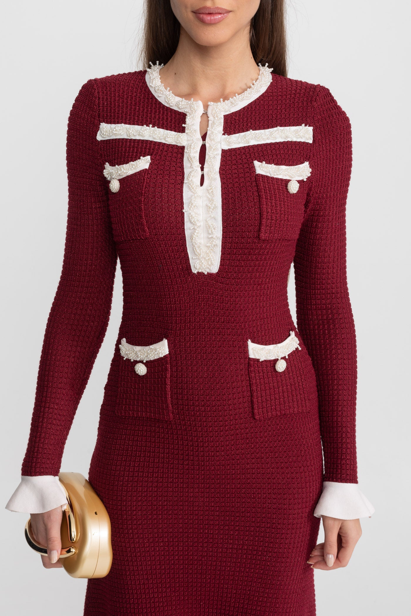 Robe Midi Texturée avec Bordure Brodée Contrastée – Burgundy 