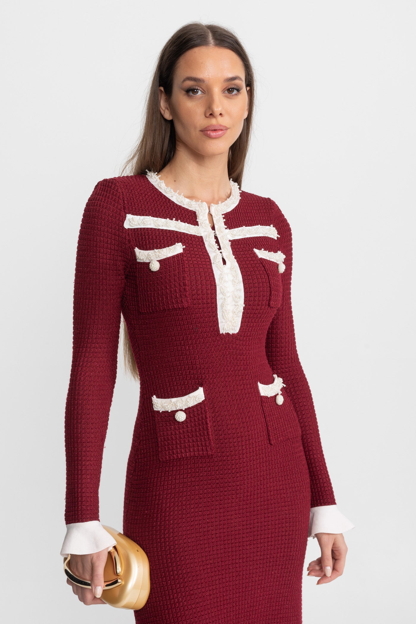 Robe Midi Texturée avec Bordure Brodée Contrastée – Burgundy 