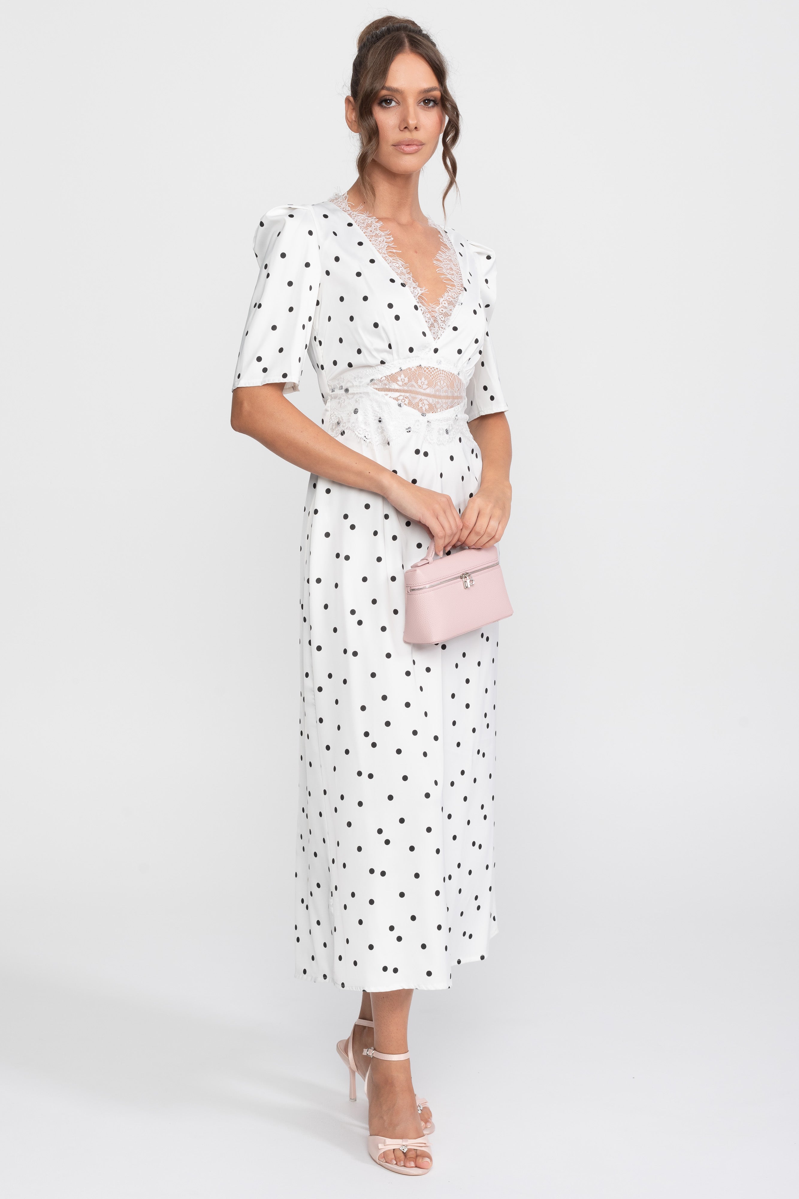 Lace-Trim Polka Dot Midi Dress With Puff Sleeves - White