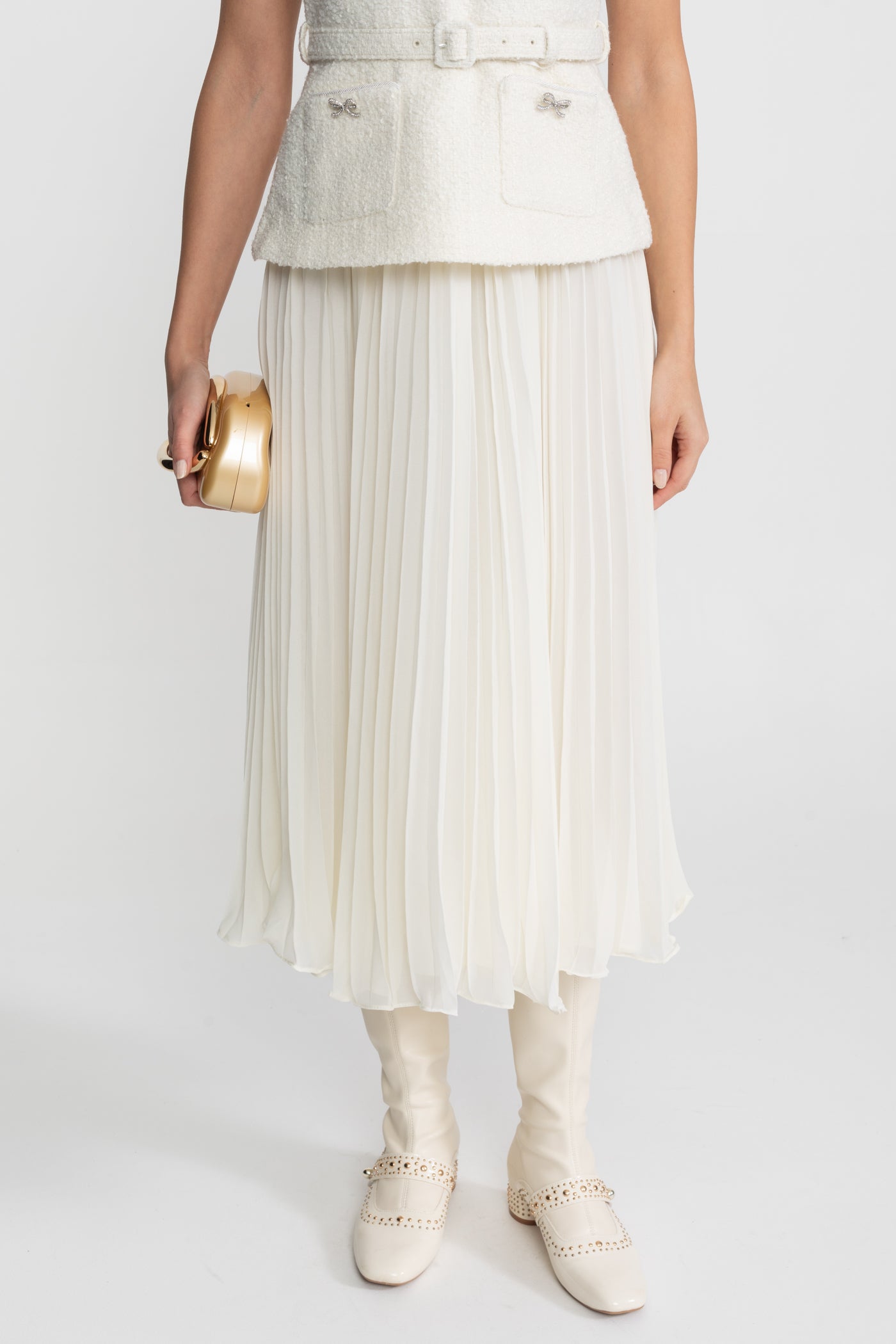 Sleeveless Textured Midi Dress with Pleated Chiffon Skirt – Ivoire