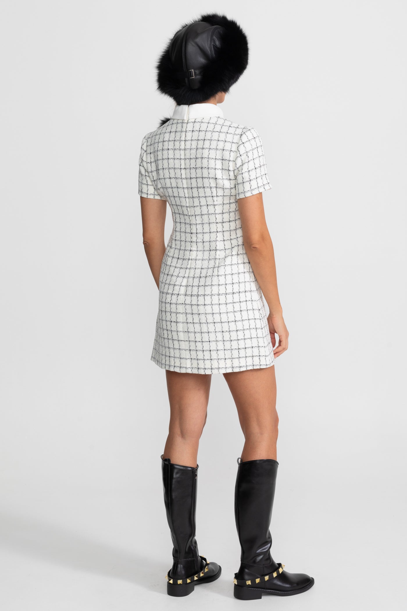Short Sleeve Tweed Mini Dress With Contrast Collar – White And Black