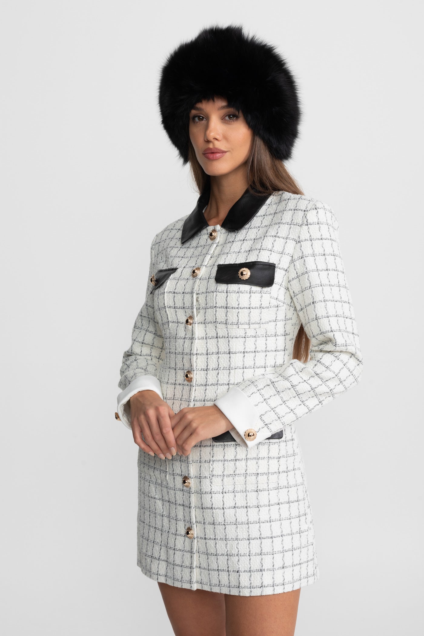 Long Sleeve Tweed Mini Dress With Contrasting Leather Details – White And Black