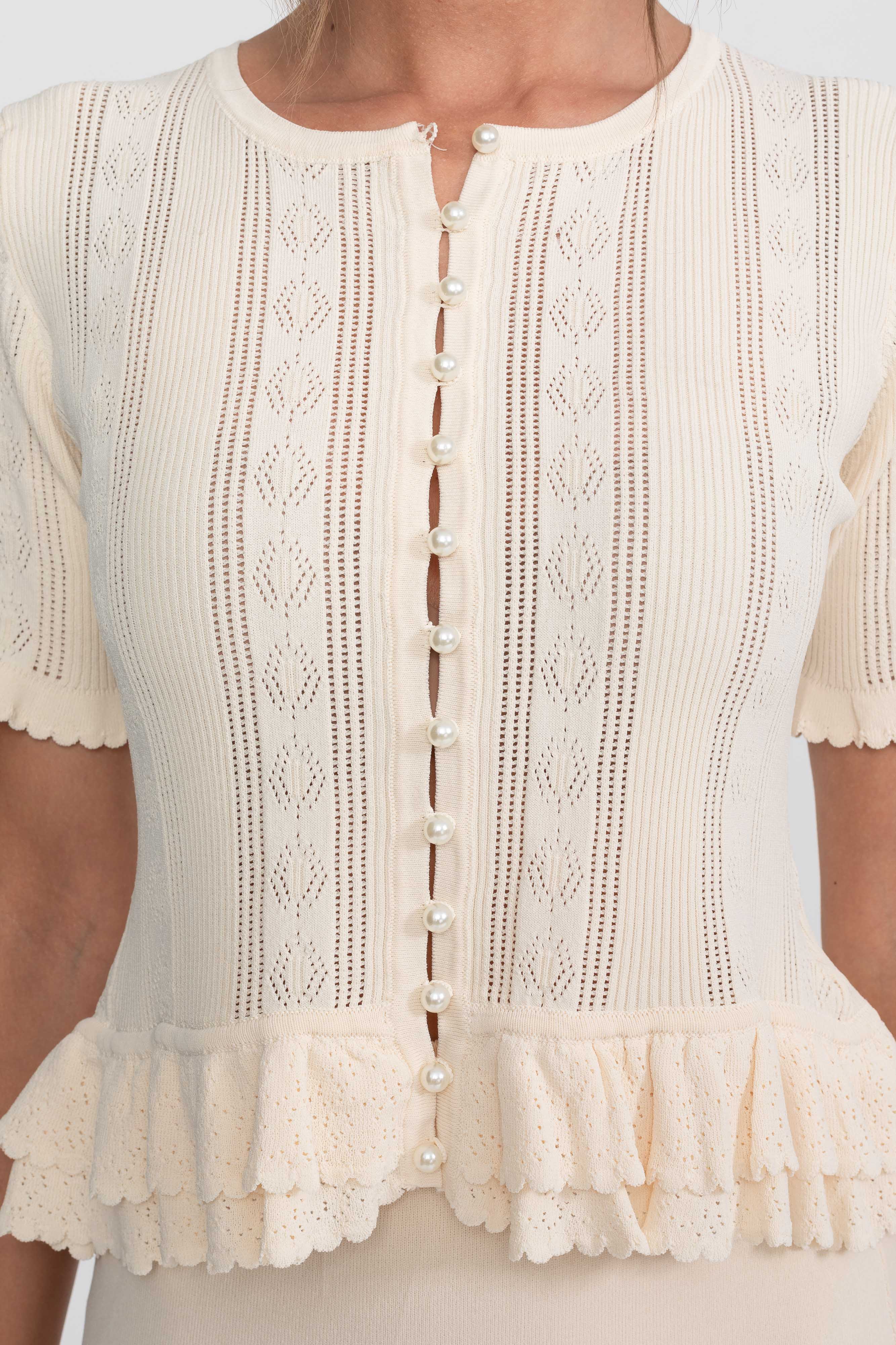 Ensemble coordonné en maille deux pièces avec taille à volants - Ivoire 