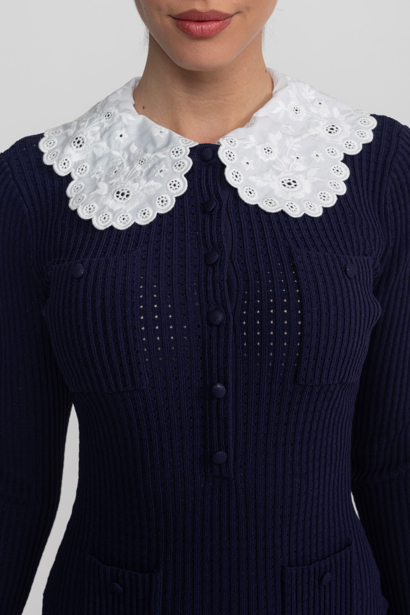 Robe Mini en Maille à Manches Longues avec Col Broderie - Navy 