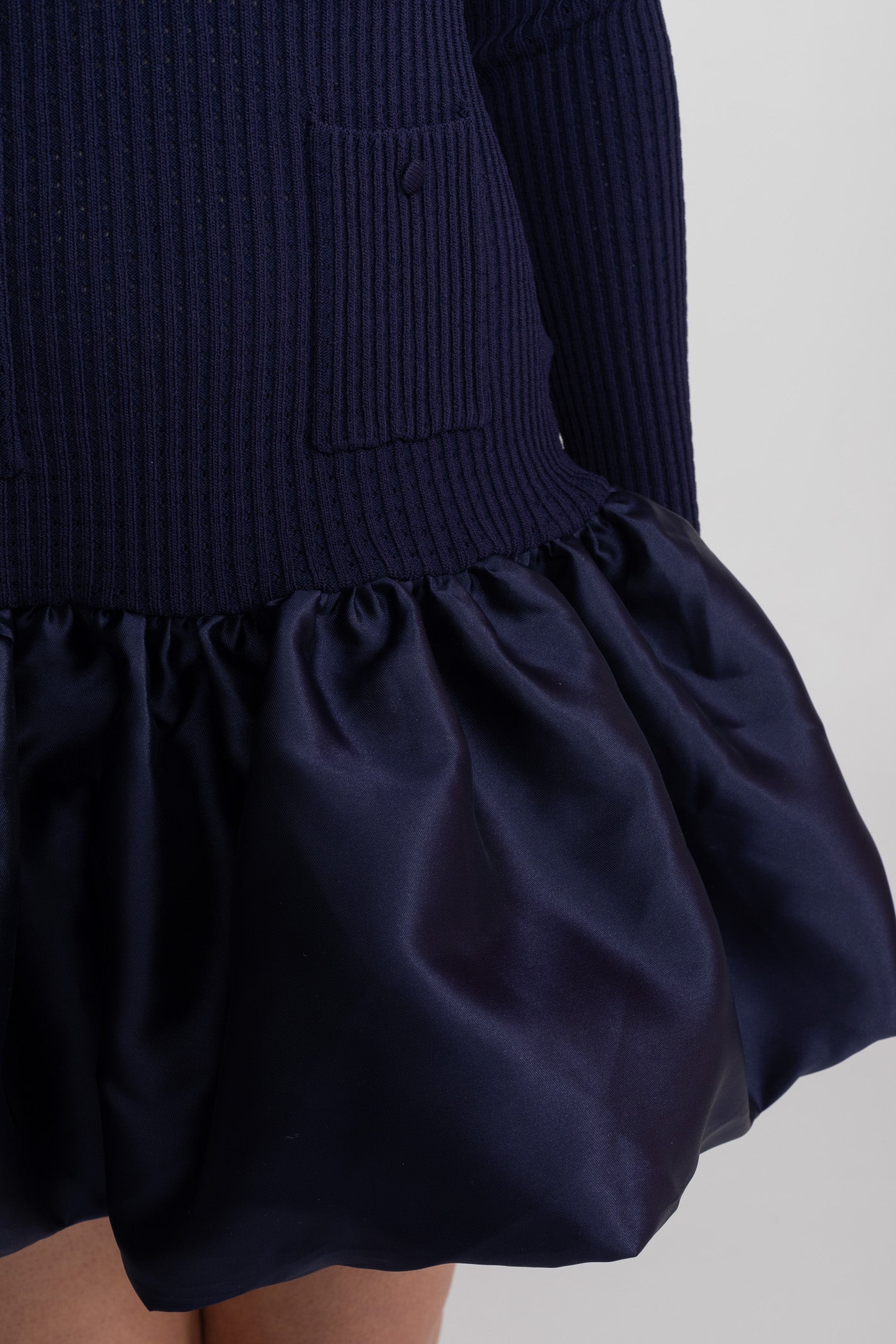 Robe Mini en Maille à Manches Longues avec Col Broderie - Navy 