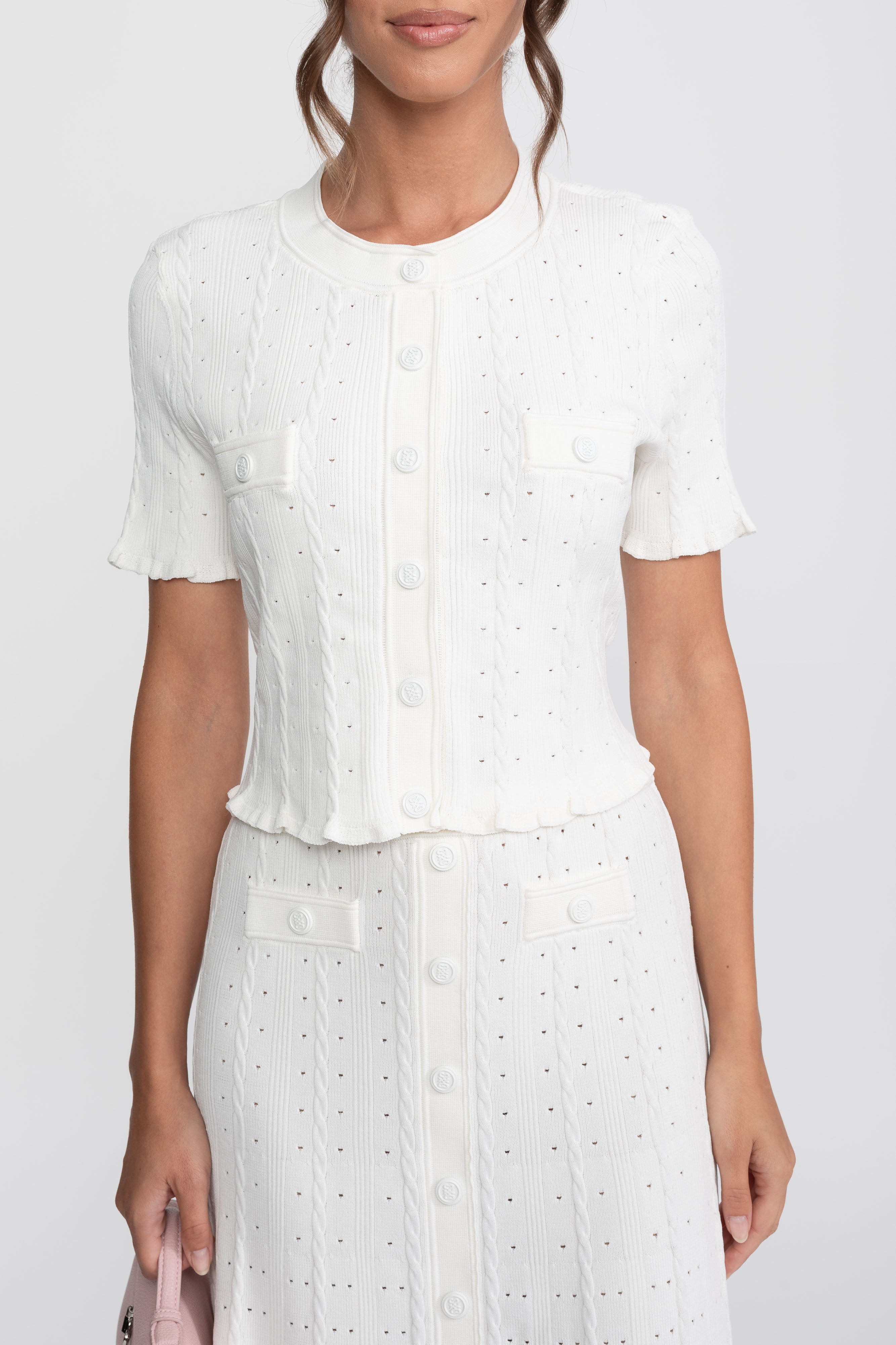Ribbed Knit Co-Ord Set With Buttoned Front Cardigan And Matching Maxi Skirt - White