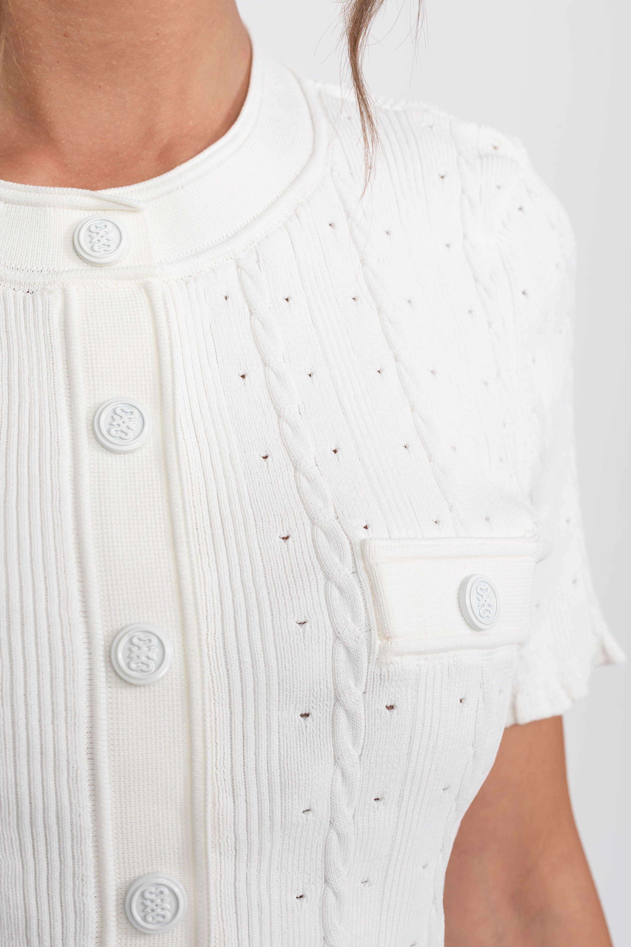 Ribbed Knit Co-Ord Set With Buttoned Front Cardigan And Matching Maxi Skirt - White