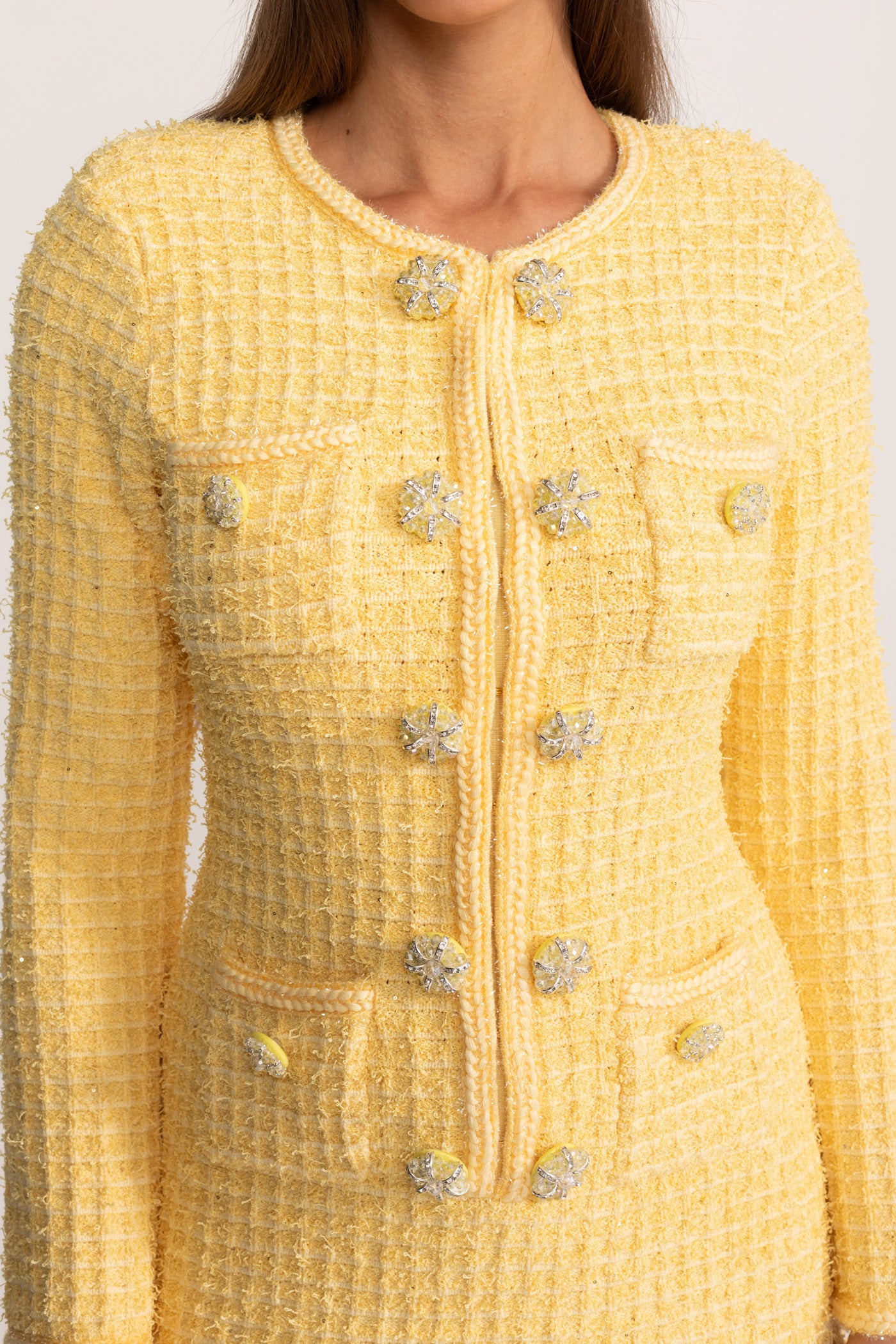 Robe tricotée à manches longues, longueur genou – Jaune 