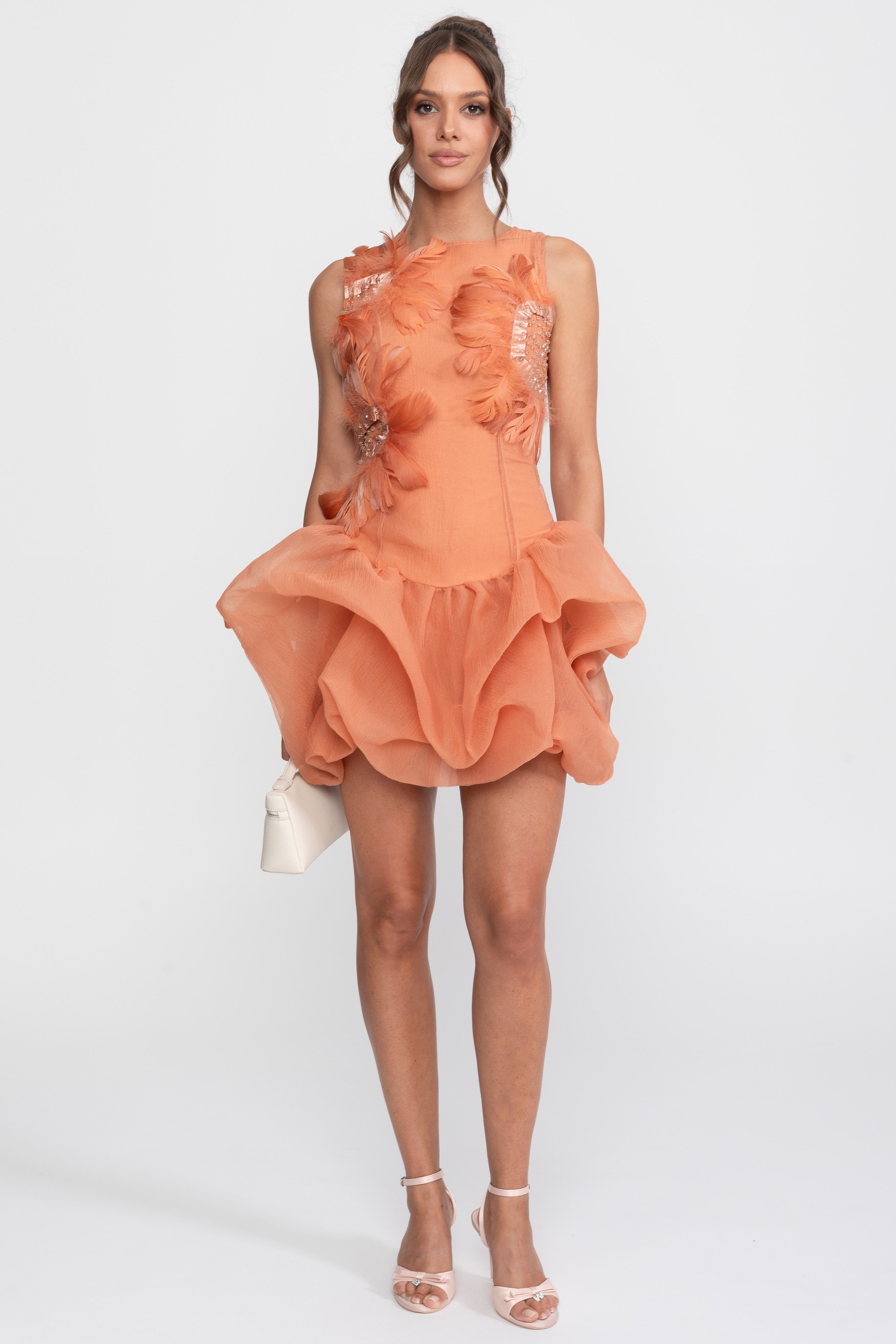 Mini-robe péplum avec appliqué plumes 3D et perles de cristal - Orange 