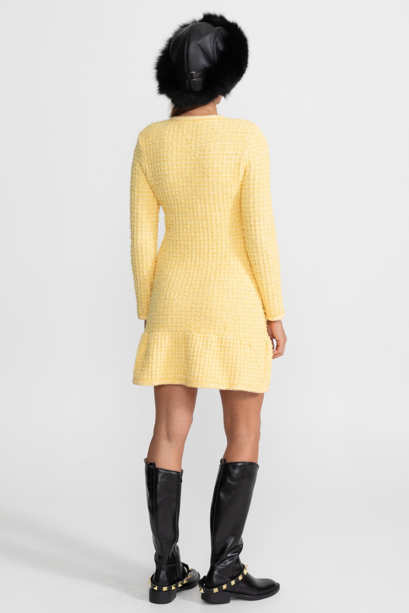 Robe tricotée à manches longues, longueur genou – Jaune 
