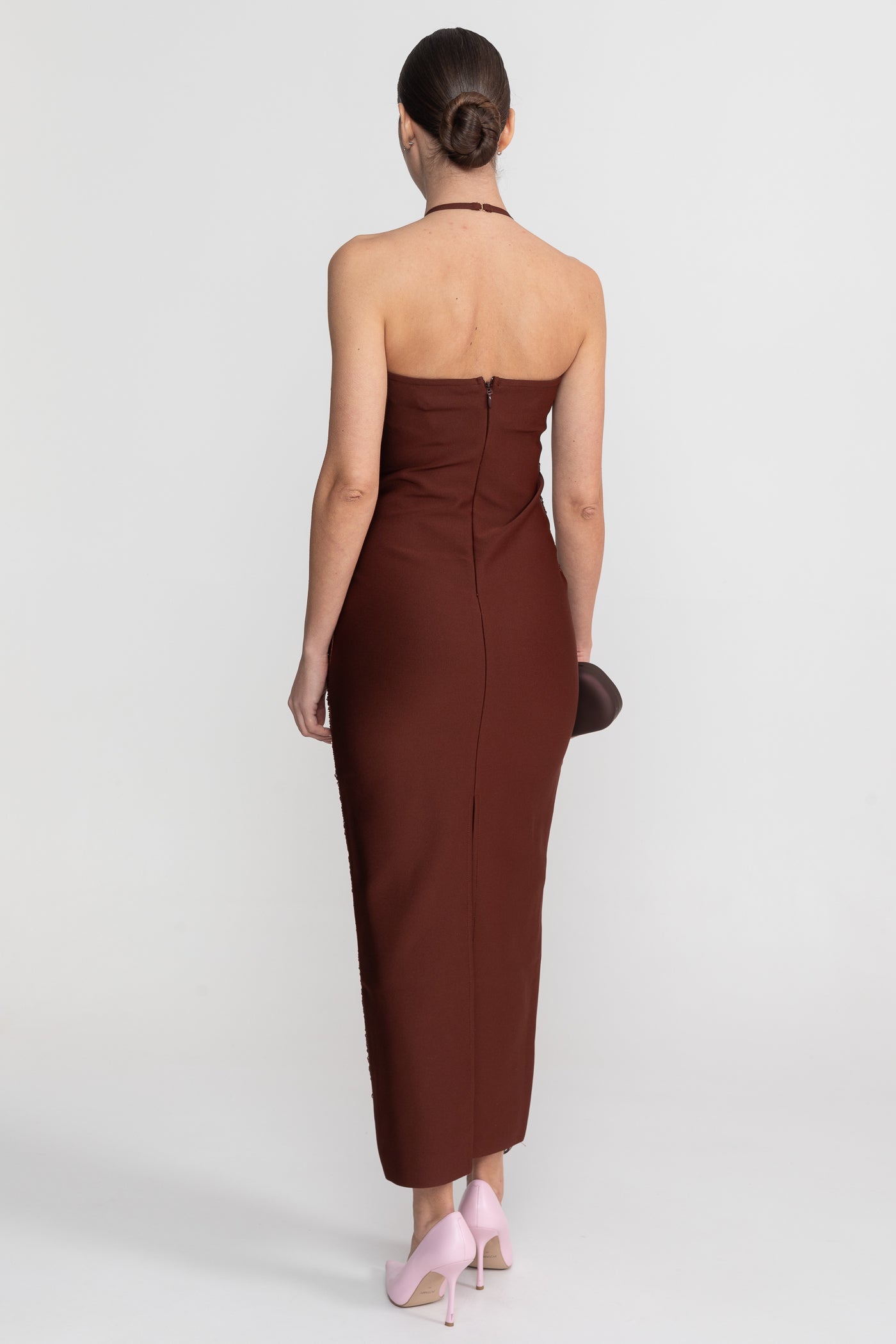 Robe Midi à Col Halter avec Texture Plissée Intégrale - Marron 