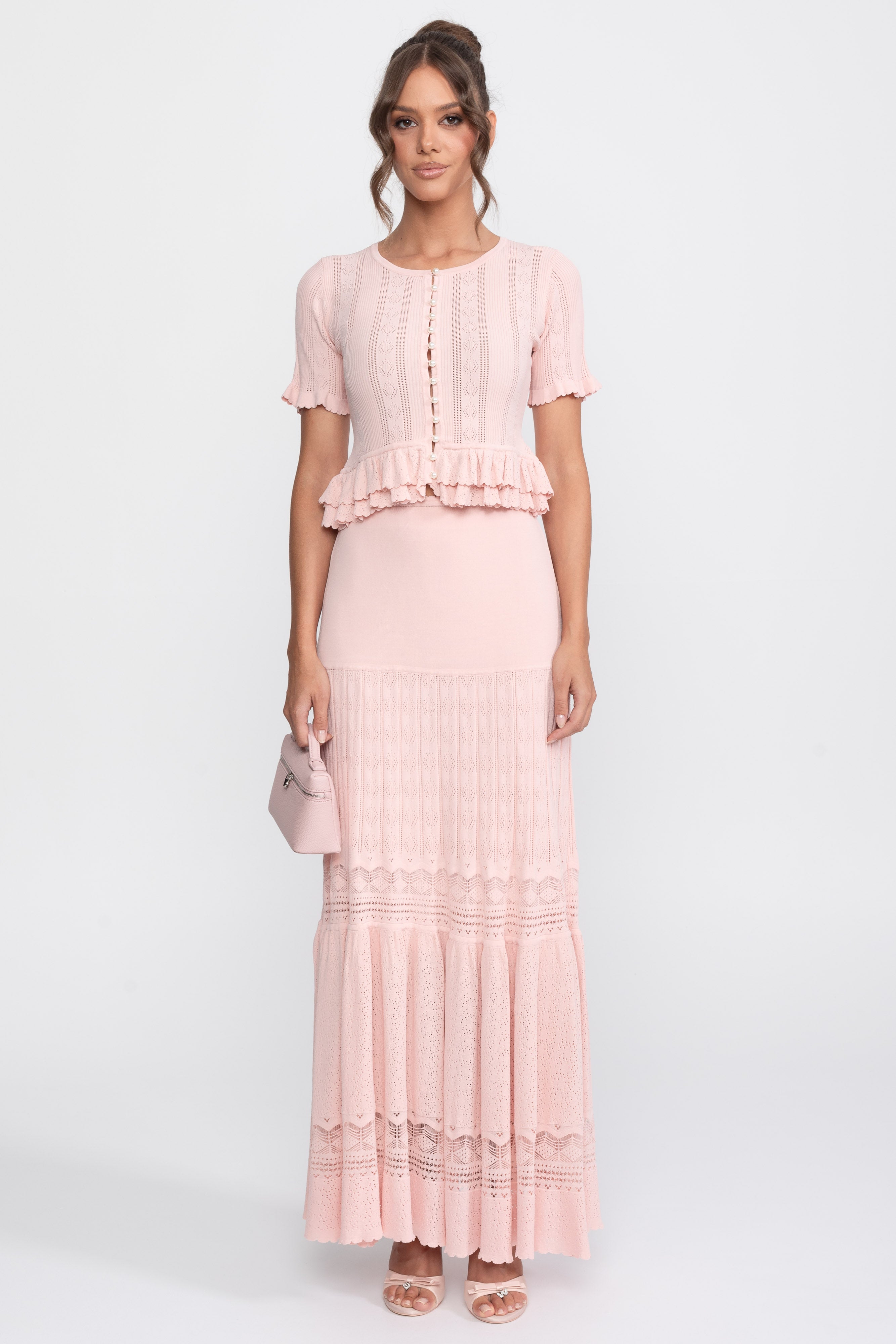 Two-Piece Knit Co-Ord Set With Ruffled Waist - Pink