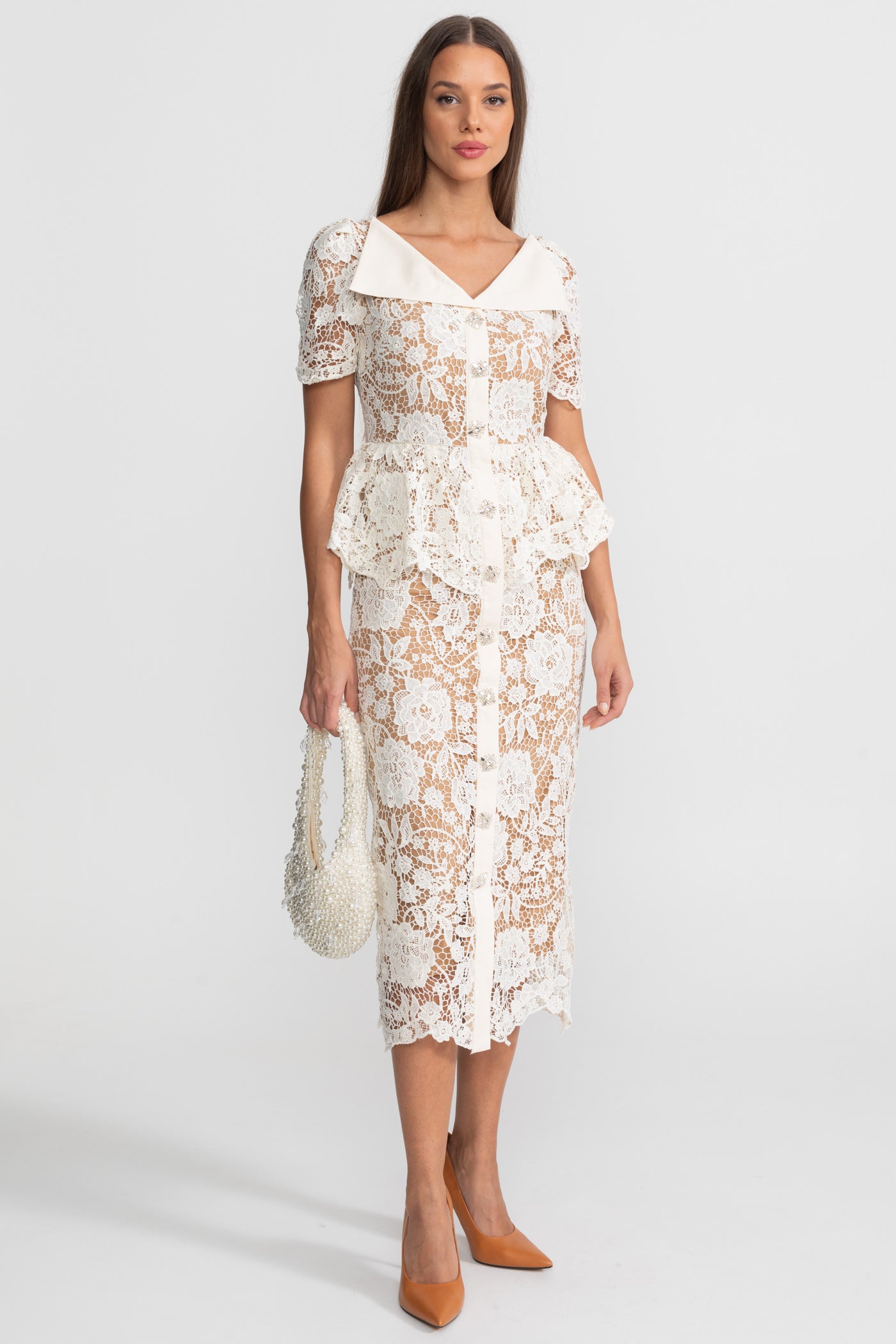 Lace Midi Dress with Peplum Waist and Satin Collar - White