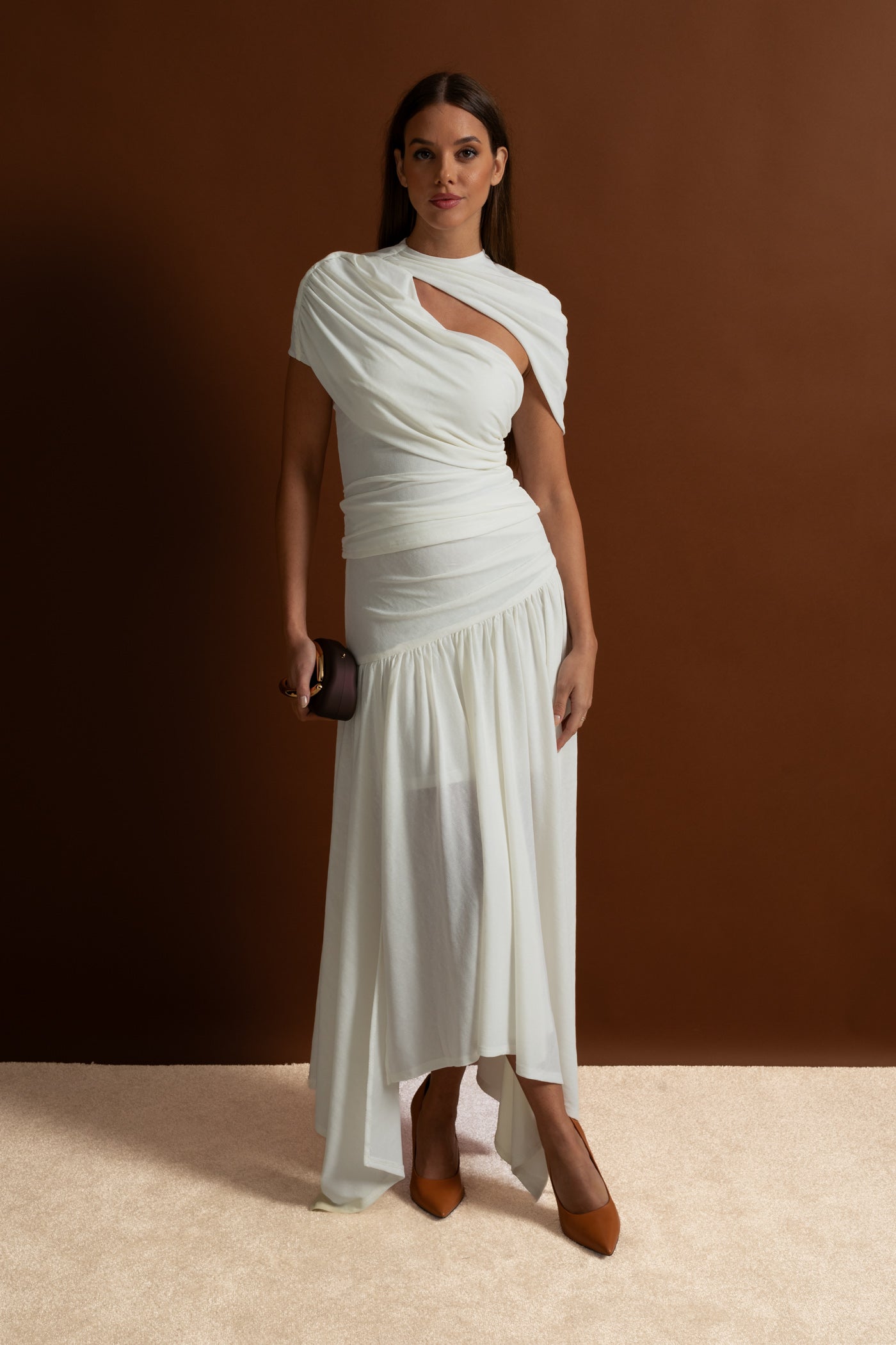 Coordonné en jersey asymétrique avec épaule drapée et détail découpé - Blanc 