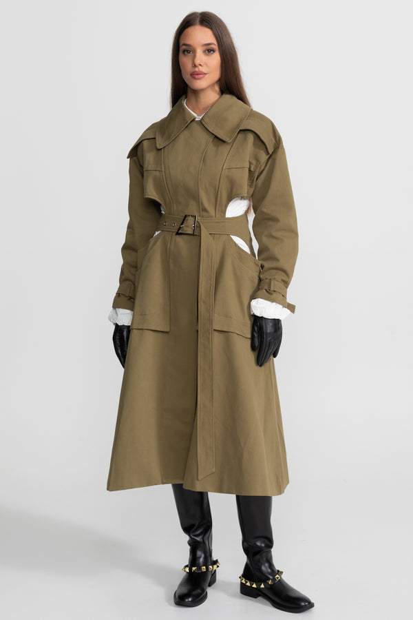 Trench-coat découpé avec taille ceinturée et poches utilitaires - Kaki 