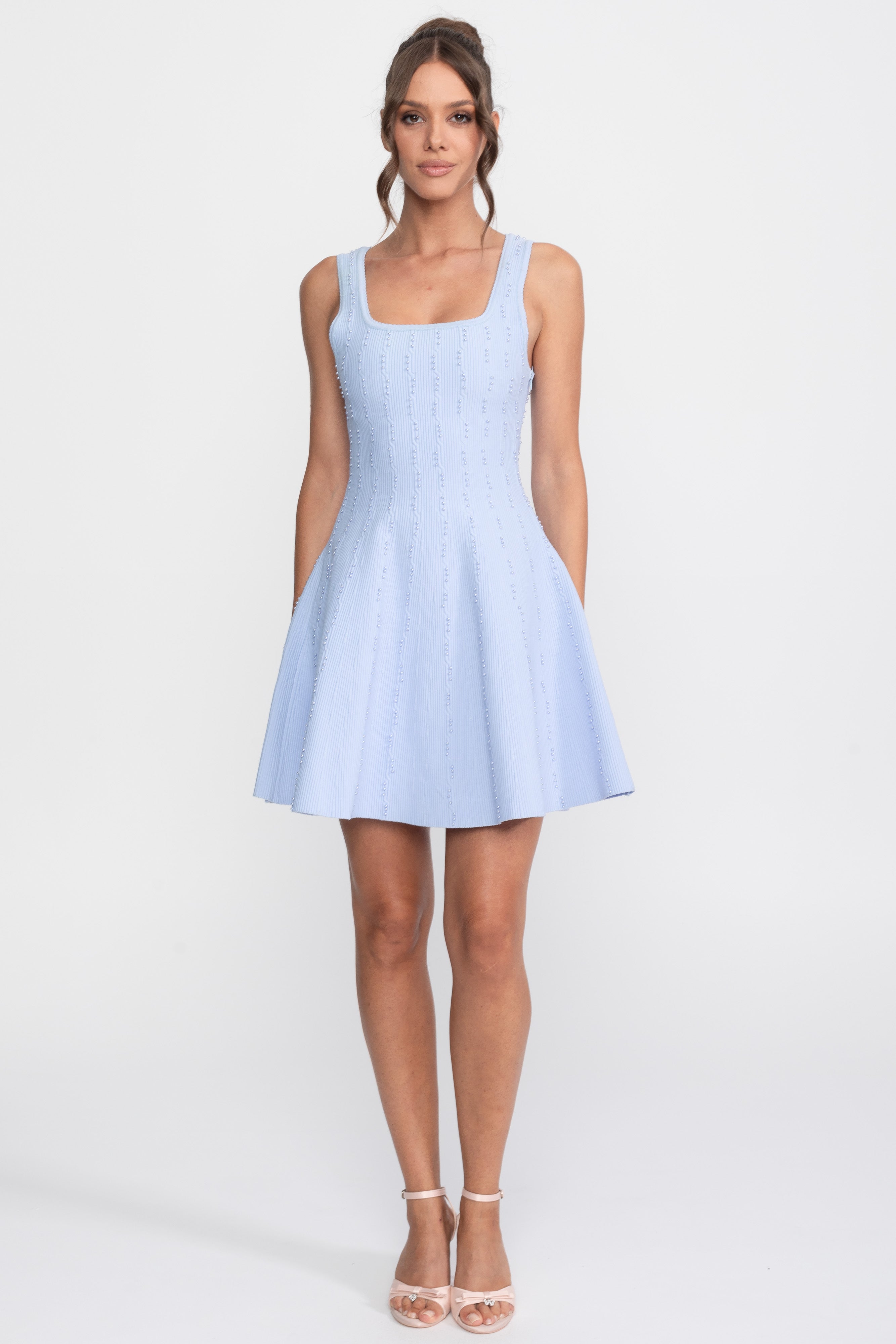 Robe courte côtelée à col carré avec perles - Bleu clair 