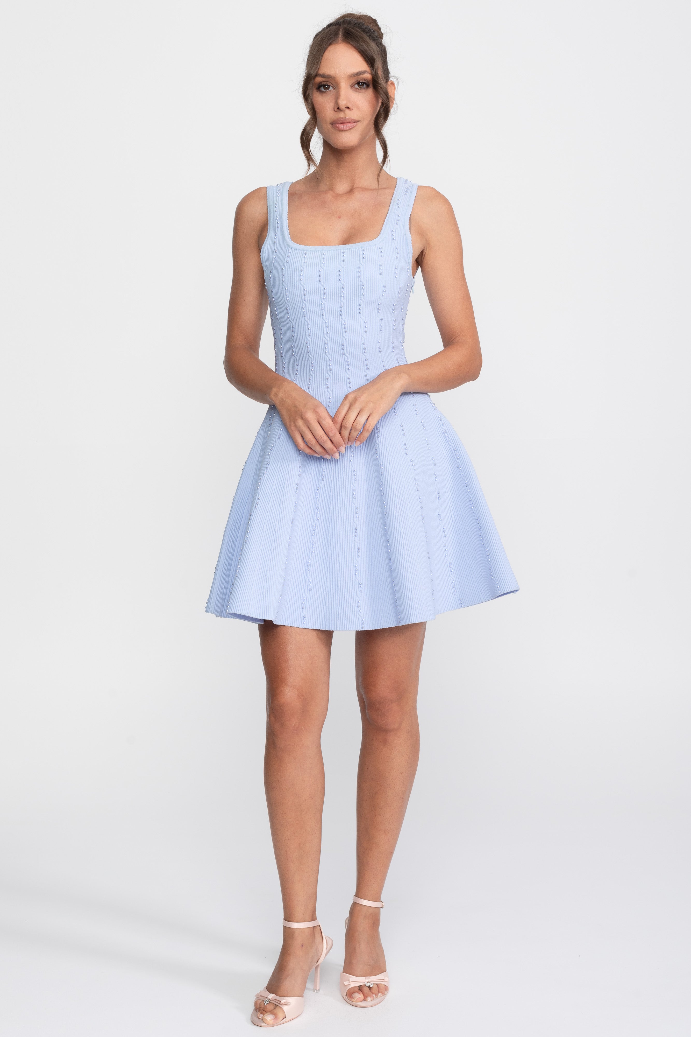 Robe courte côtelée à col carré avec perles - Bleu clair 