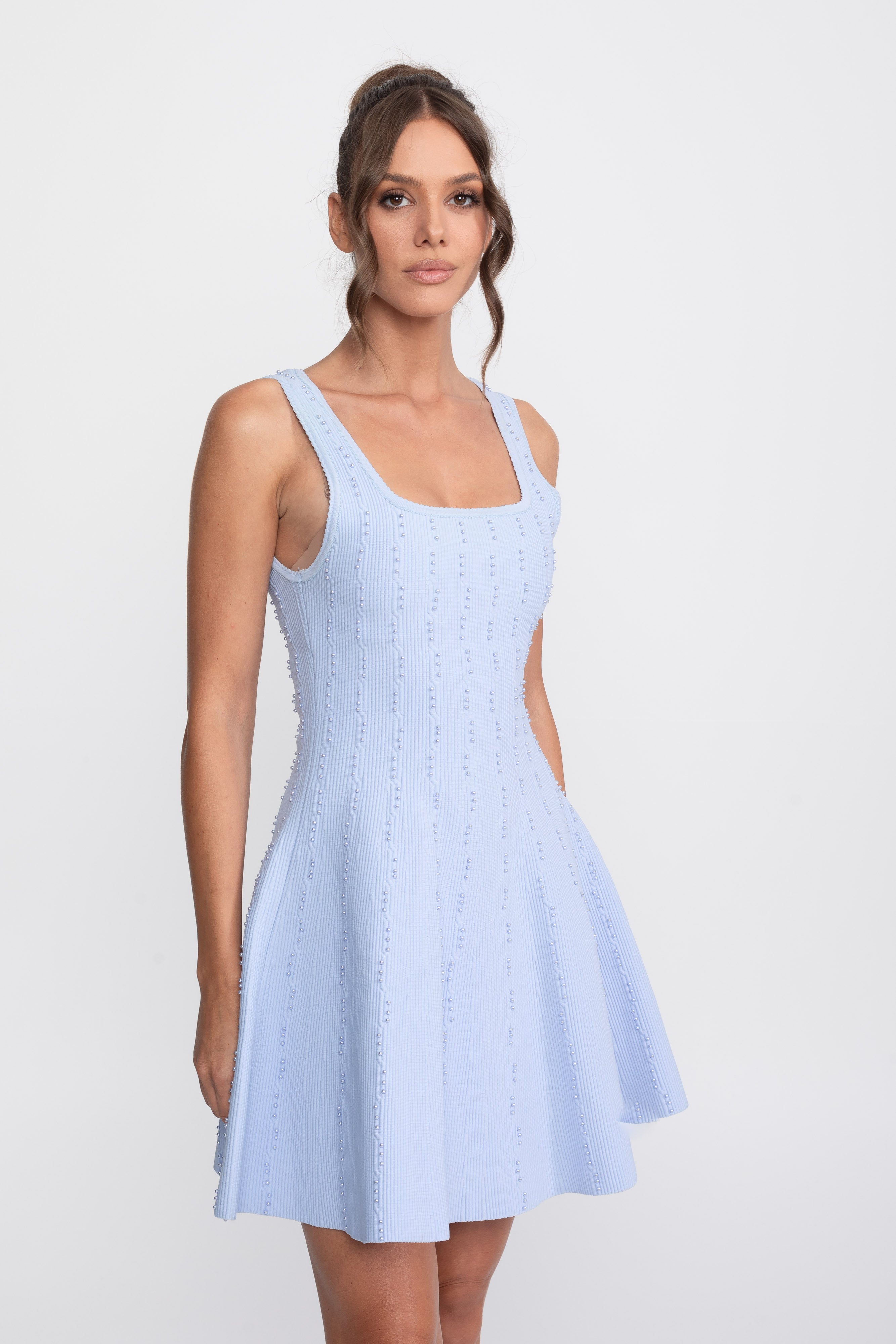 Robe courte côtelée à col carré avec perles - Bleu clair 