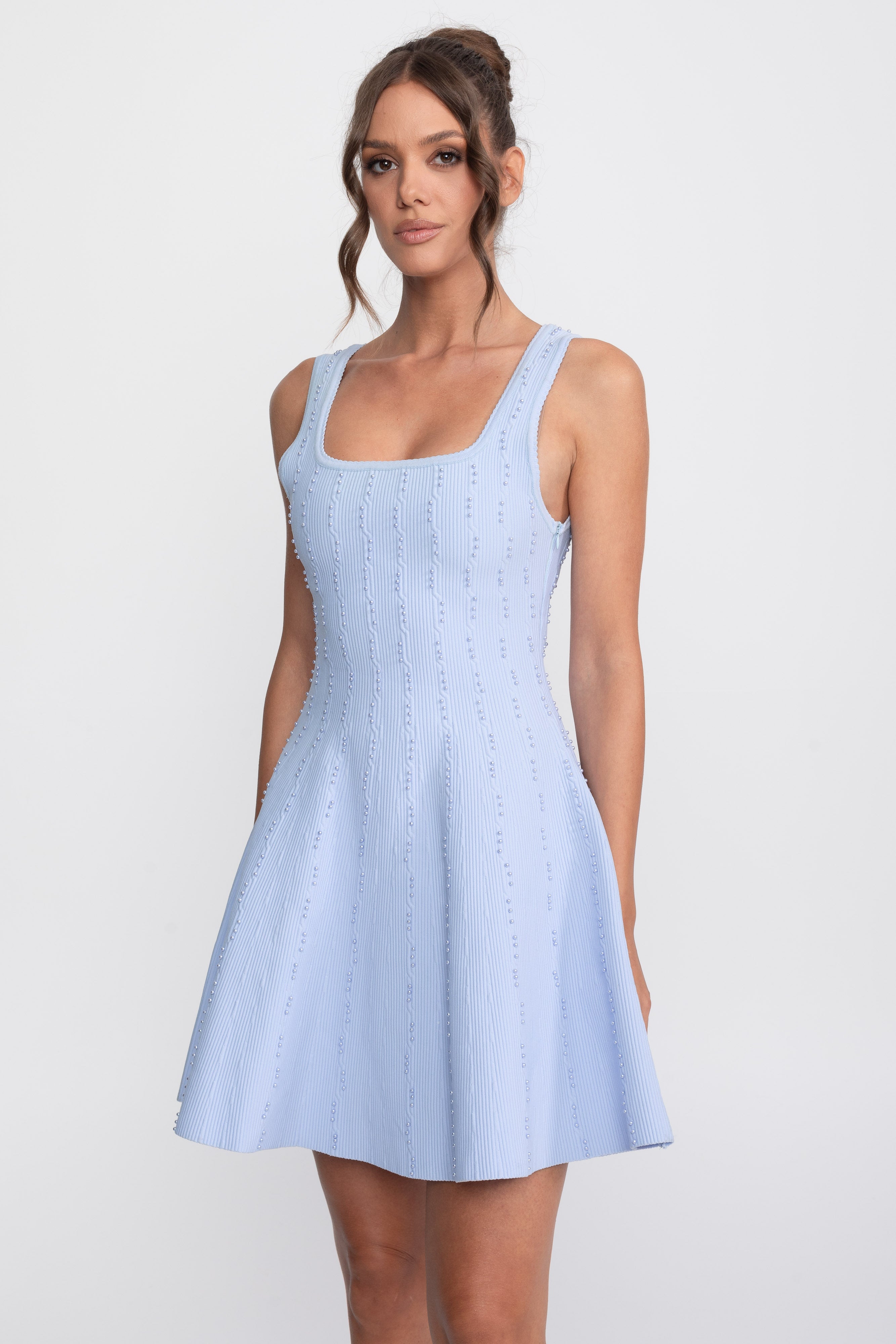 Robe courte côtelée à col carré avec perles - Bleu clair 