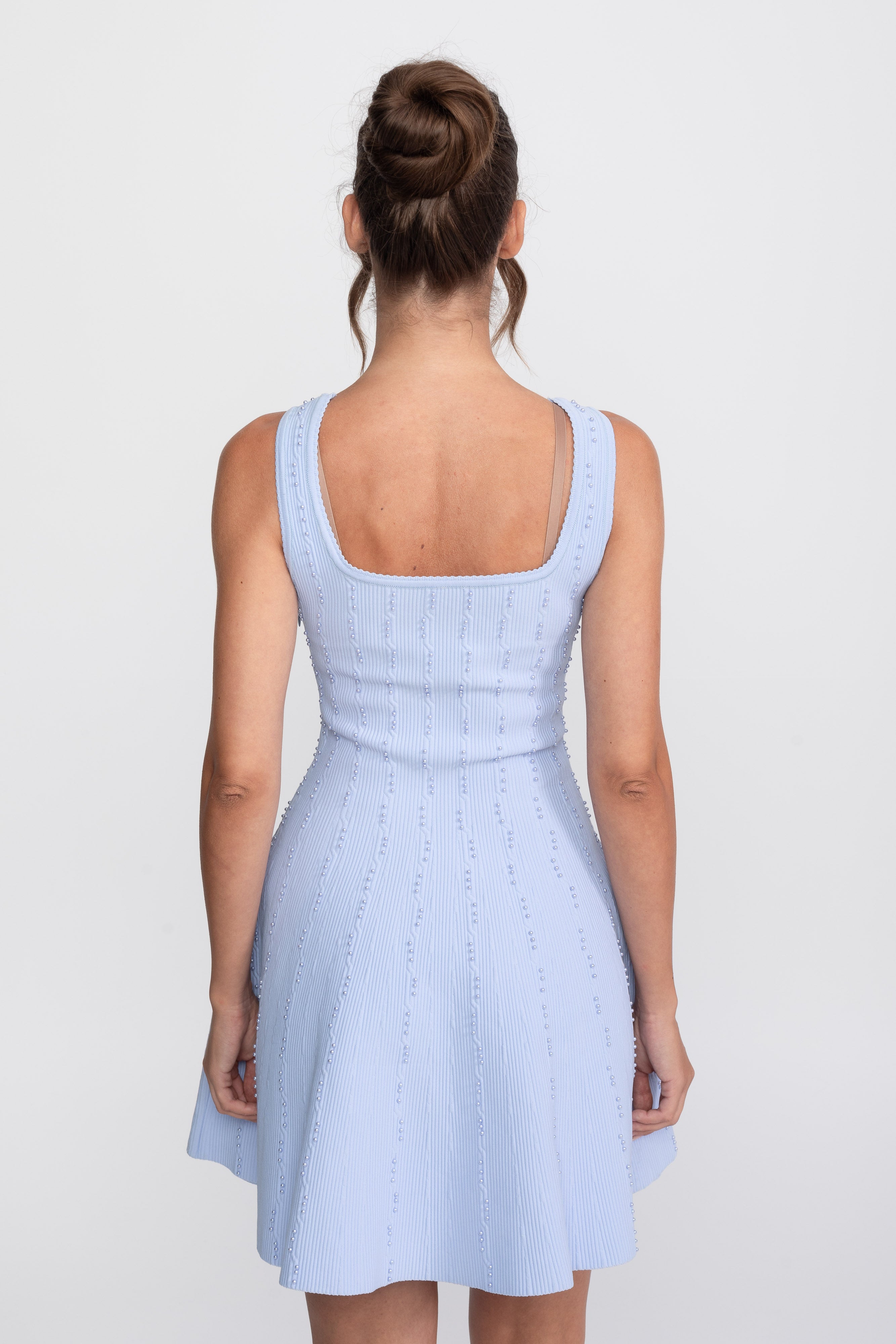 Robe courte côtelée à col carré avec perles - Bleu clair 