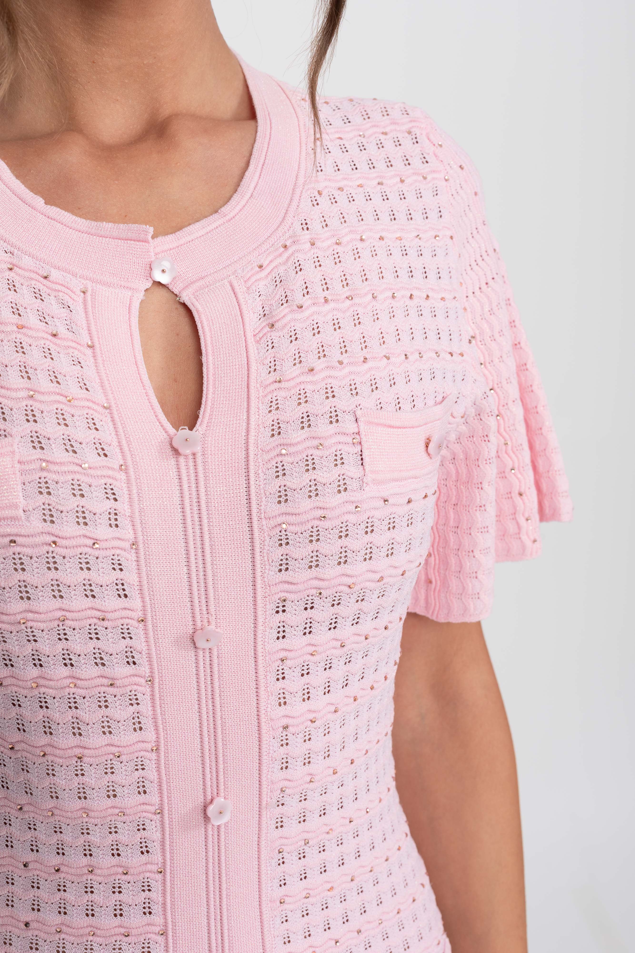 Robe midi à manches courtes avec texture en maille scintillante - Pink 