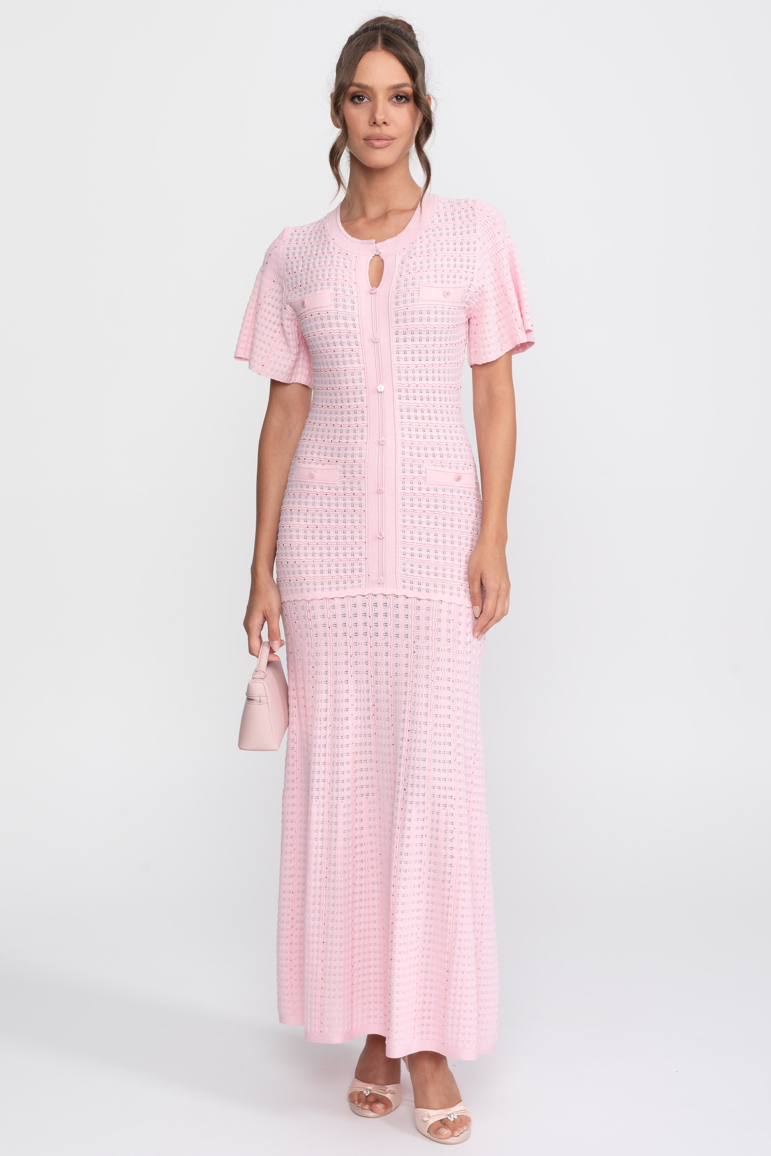 Robe midi à manches courtes avec texture en maille scintillante - Pink 