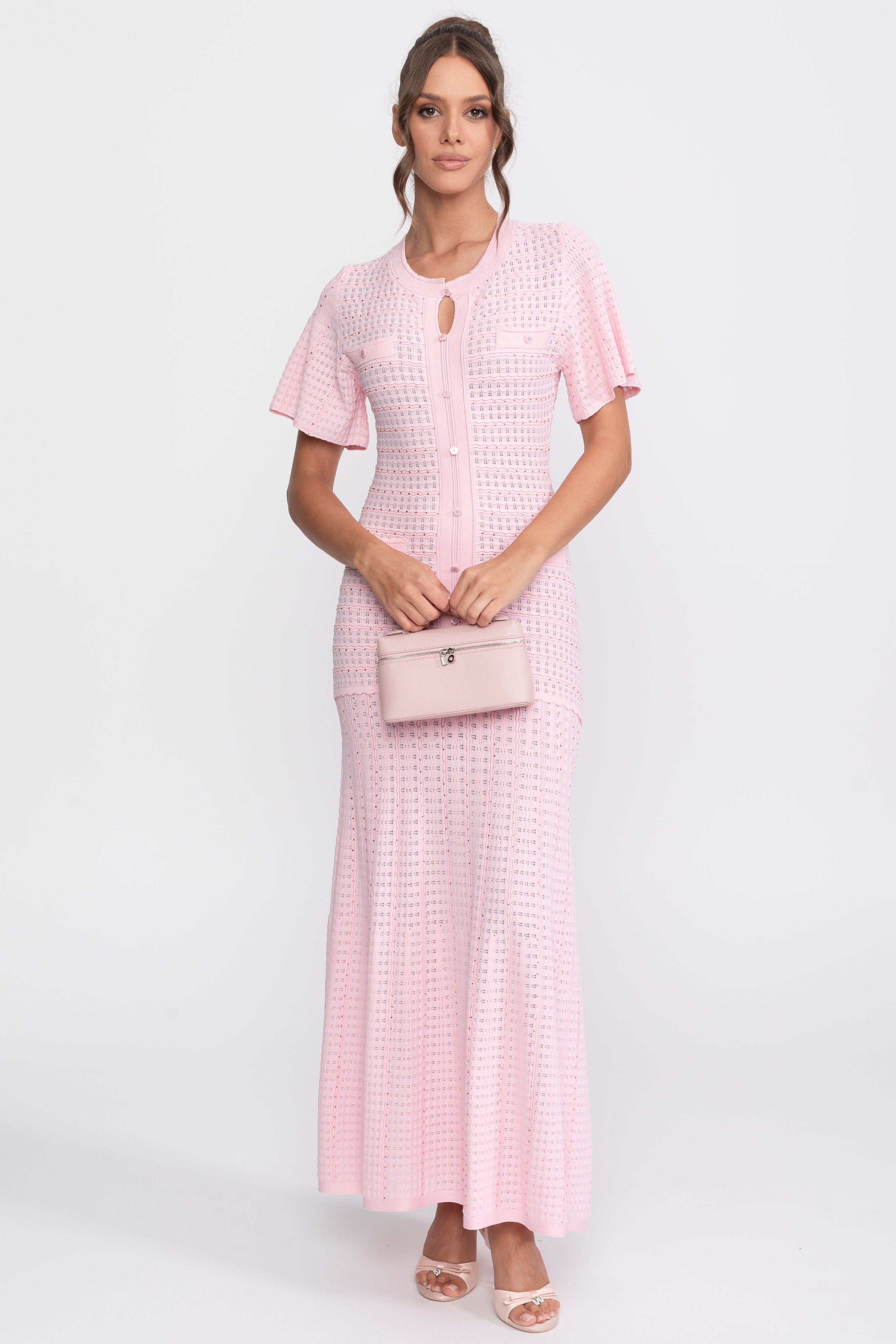 Robe midi à manches courtes avec texture en maille scintillante - Pink 