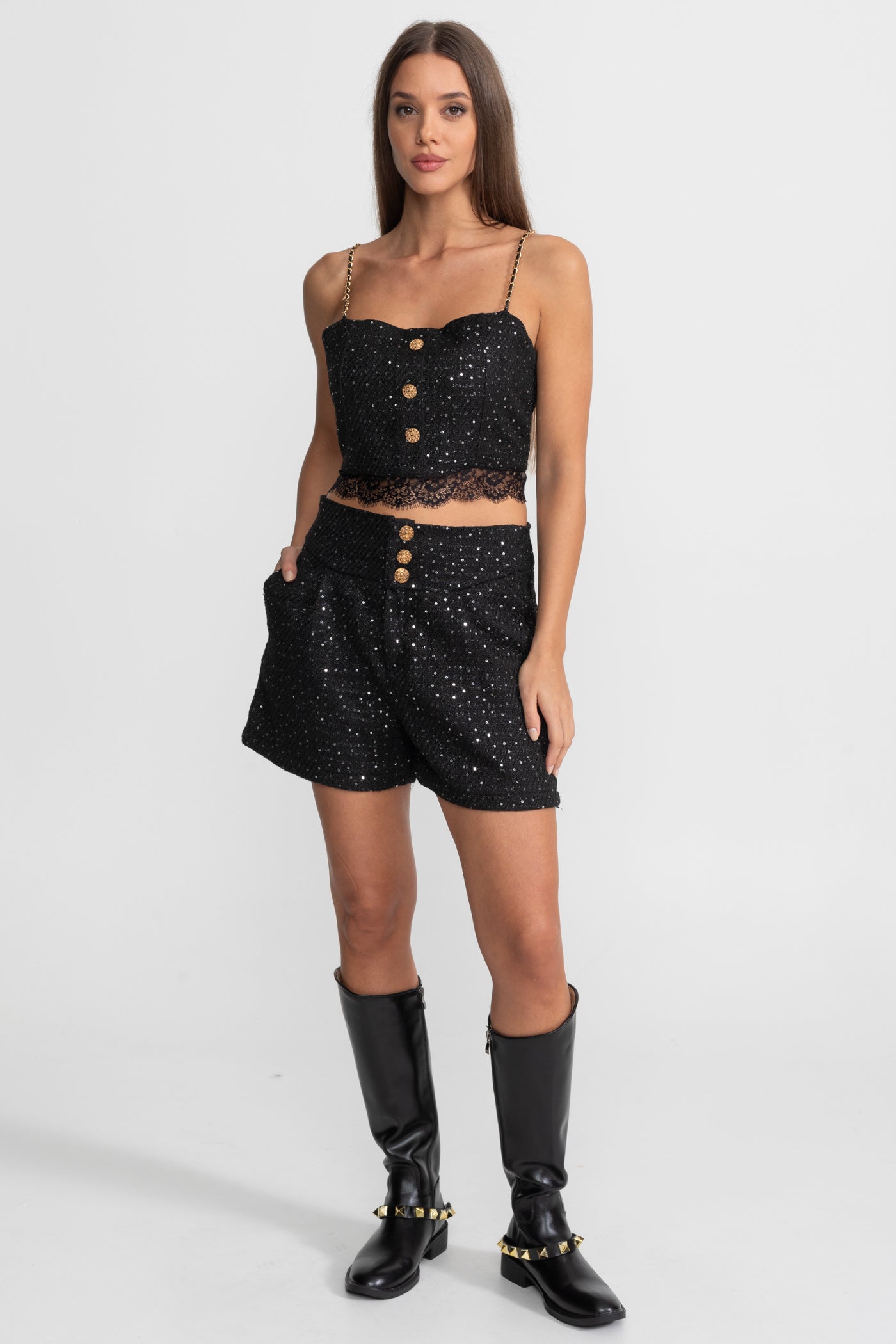 Ensemble Coordonné 3 Pièces Orné avec Veste Courte, Top à Bordure en Dentelle et Short Taille Haute – Noir 