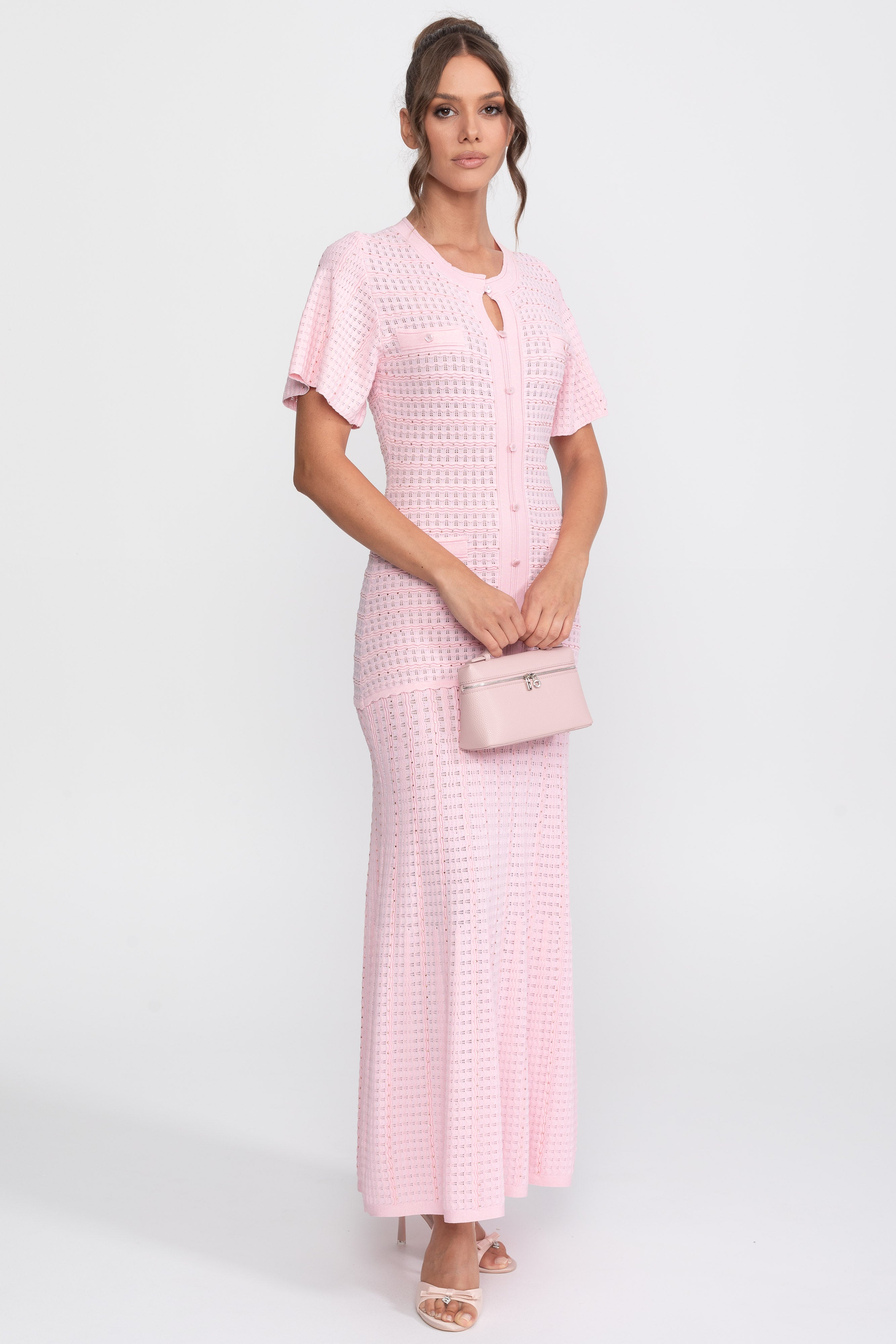 Robe midi à manches courtes avec texture en maille scintillante - Pink 