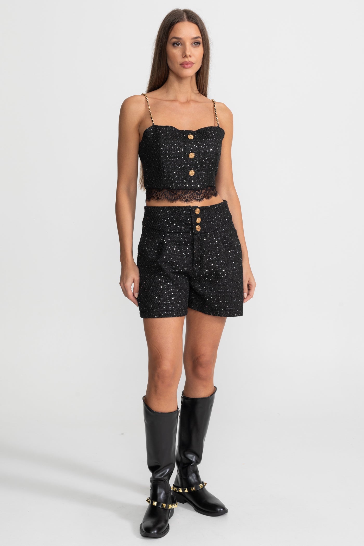 Ensemble Coordonné 3 Pièces Orné avec Veste Courte, Top à Bordure en Dentelle et Short Taille Haute – Noir 